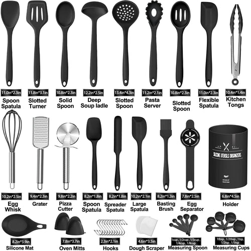 43 Pcs AIKKIL Silicone Kitchen Utensils Set, Heat Resistant Silicone Cooking Kitchen Utensils Set with Holder, Turner, Spatula, Kitchen Gadgets Tools Set for Nonstick Cookware, Dishwasher(BPA Free)