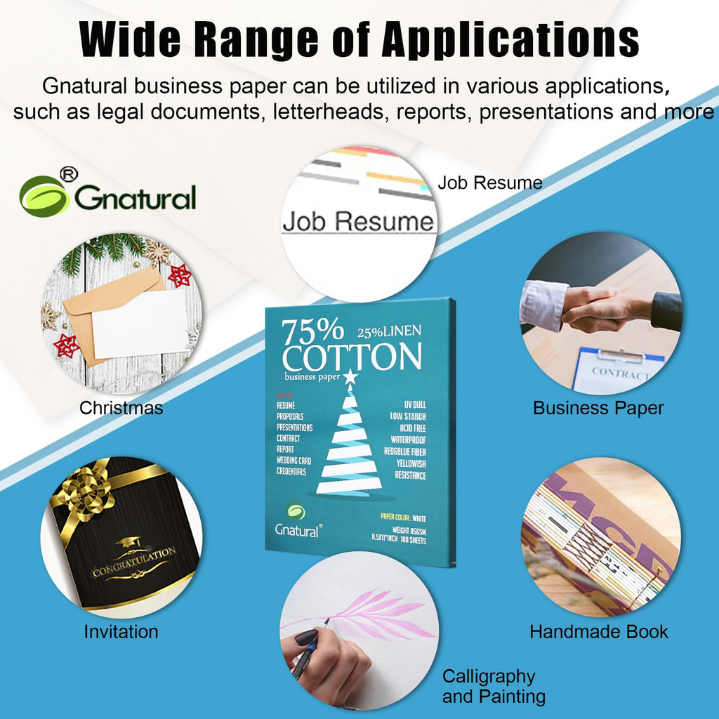 75% Cotton 25% Linen Business Paper, 85gsm 8.5”×11” Inkjet Printer Paper, Waterproof White Copy Paper -100 Sheets Printing Paper（Low Starch）