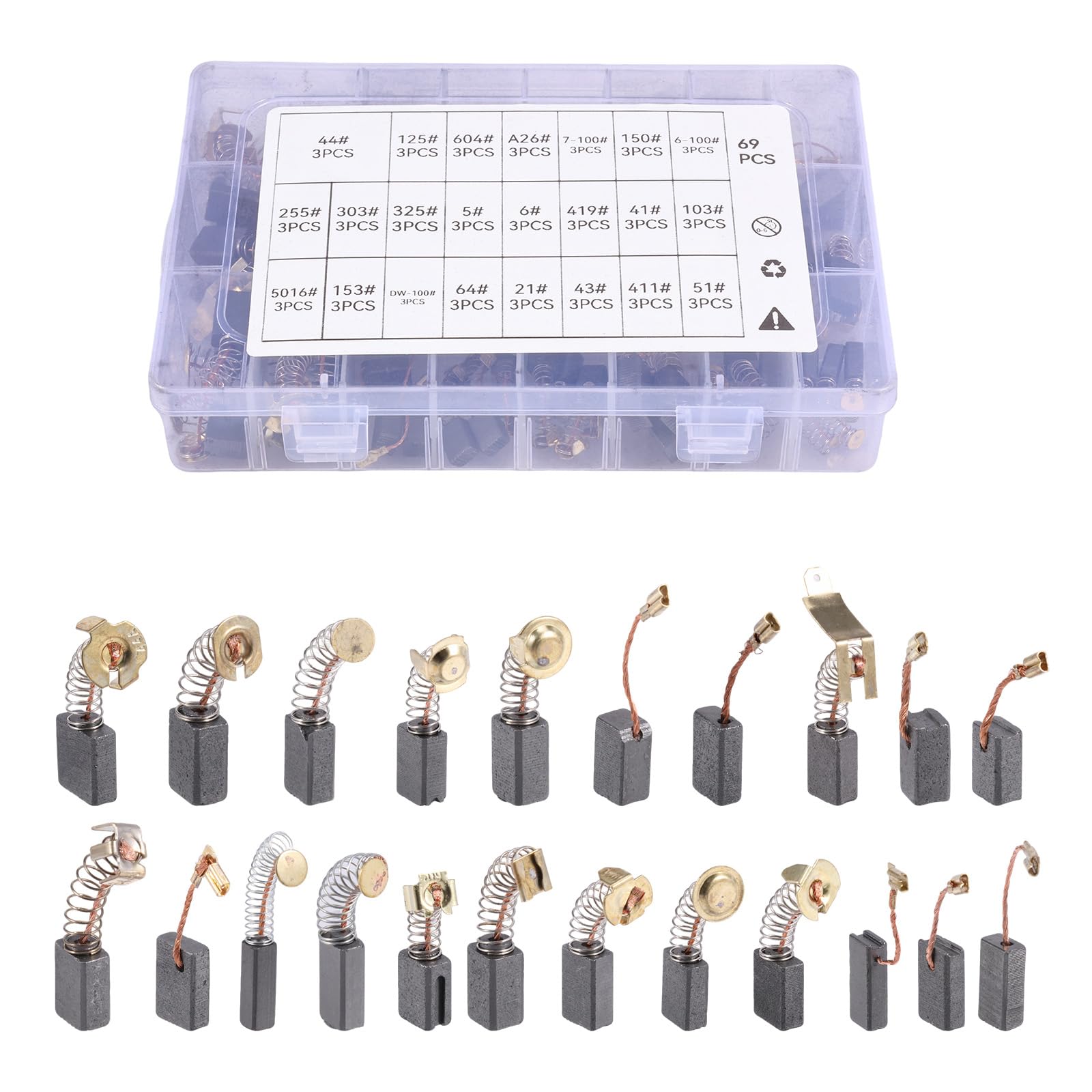 69Pcs 23 Sizes Electric Motor Carbon Brushes Motor Brushes Assortment Kit for Replacement Repair Power Tools and Motors Part Such as Electric Hammer Drills, Circular Saws, Angle Grinders