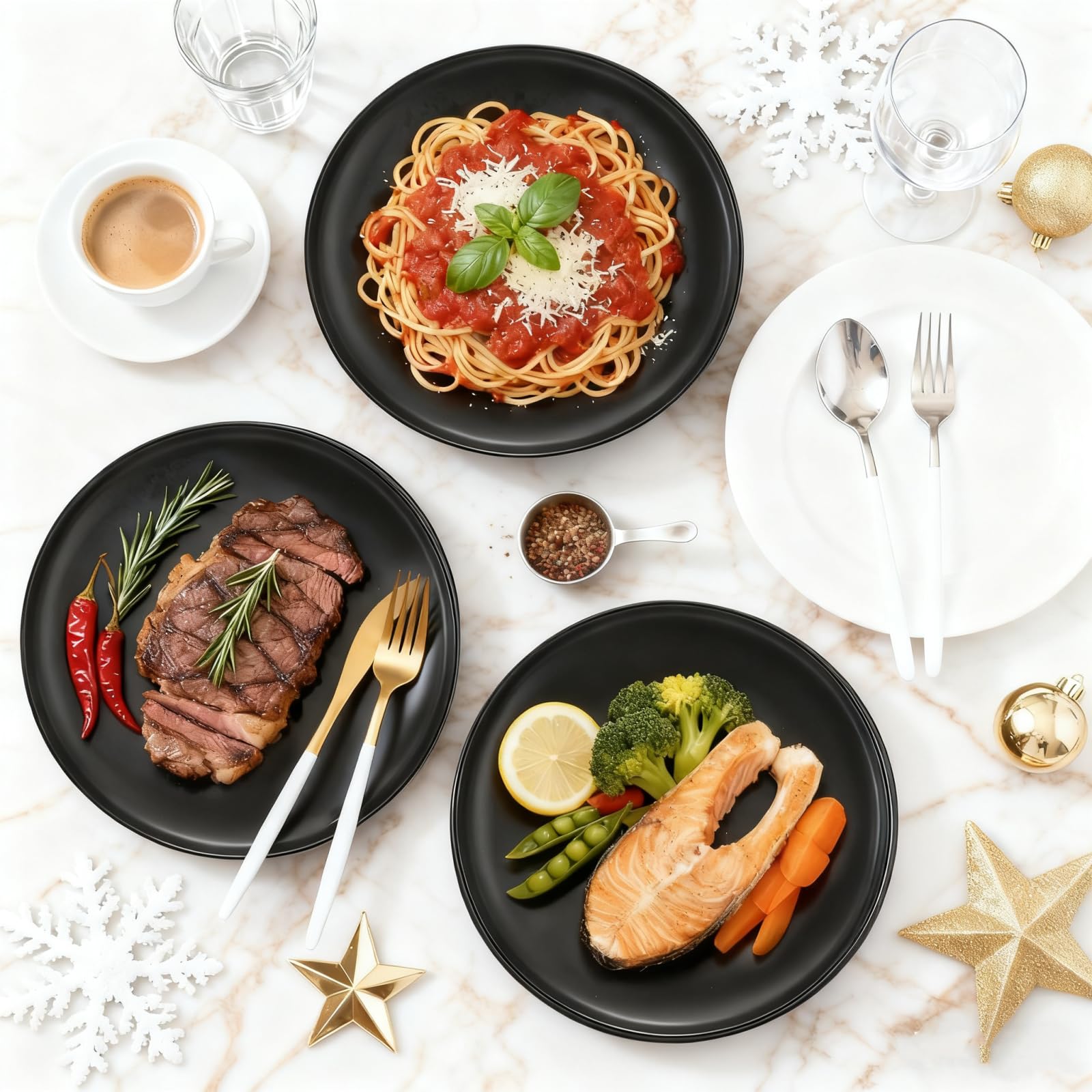ZENFUN Set of 4 Porcelain Dinner Plates, 10 Inch Matte Ceramic Dish Steak Plates, Elegant Large Round Serving Plates for Salad, Pasta, Pizza, Dishwasher & Microwave Safe, Black