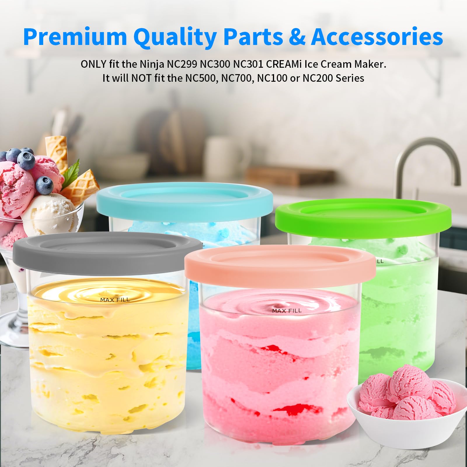 GKAKITSP 4 Pack Pints Containers and Lids Compatible with Ninja NC299 NC300 NC301 CREAMi Ice Cream Maker, BPA-Free & Dishwasher Safe, 4 Colors