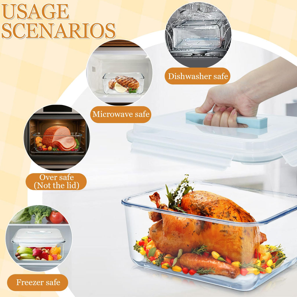 200oz/26cup Large Glass Storage Containers with Lids, Big Rectangular Airtight Food Containers for Rotisserie Chicken Meal Prep Turkey Watermelon Potluck, XL Extra Large Freezer Safe Container