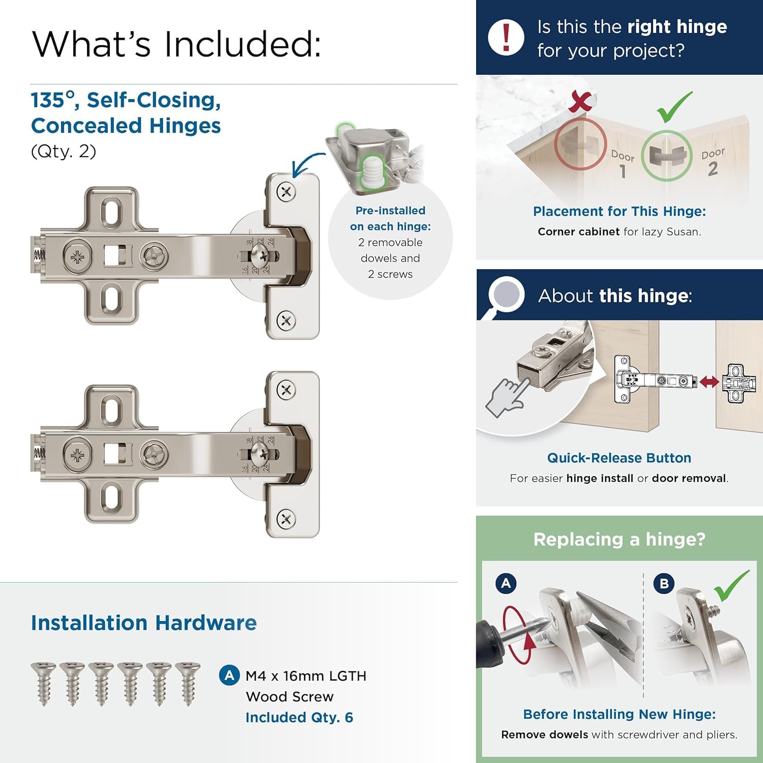 Amerock 2 Pack 135 Degree Lazy Susan Bi-Fold Door Euro Concealed Cabinet Hinge, Corner Cabinet