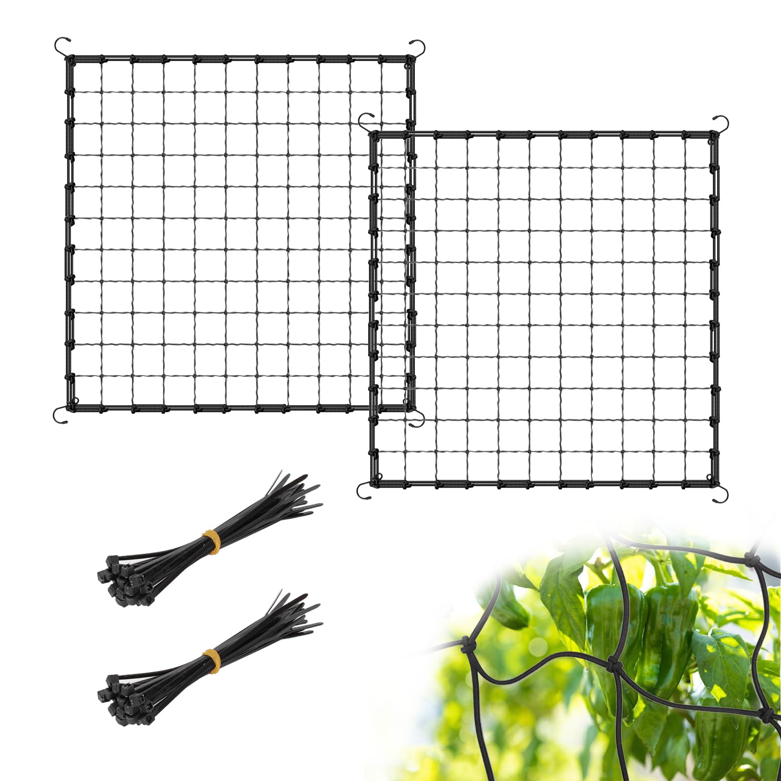 Qivine Grow Tent Net, 2 Pcs Plant Trellis Netting, 4 x4 Ft Elastic Plant Net with Hooks, Elastic Trellis Netting with Ties Support for Climbing Plants, Vegetables, Fruits, Flowers, Vines