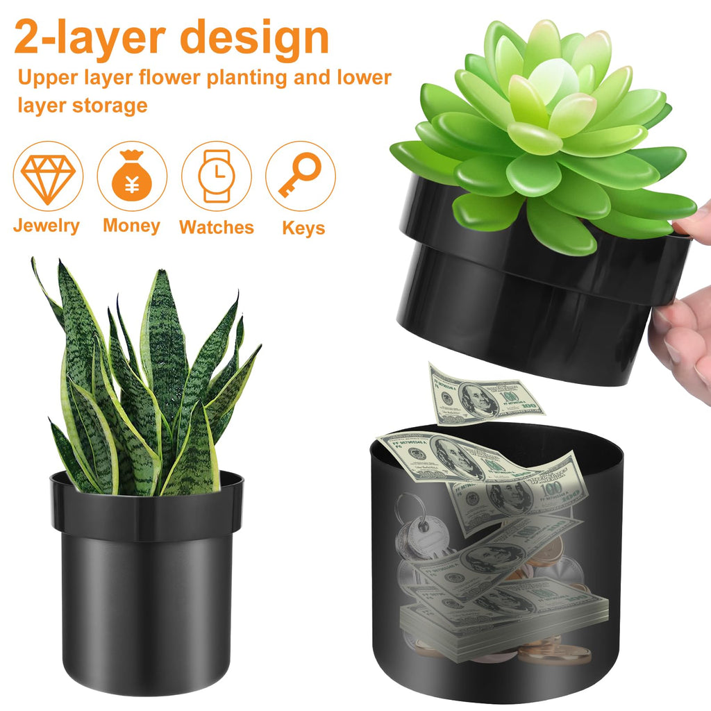 GLMFAN Flower Pot Diversion Safe with Key Lock, Secret Hidden Safe Organizer Box, Secret Safe Compartment Lock Case 2 Layer, Perfect for Hiding Key, Money, Jewelry, Watch and Passport (Black)