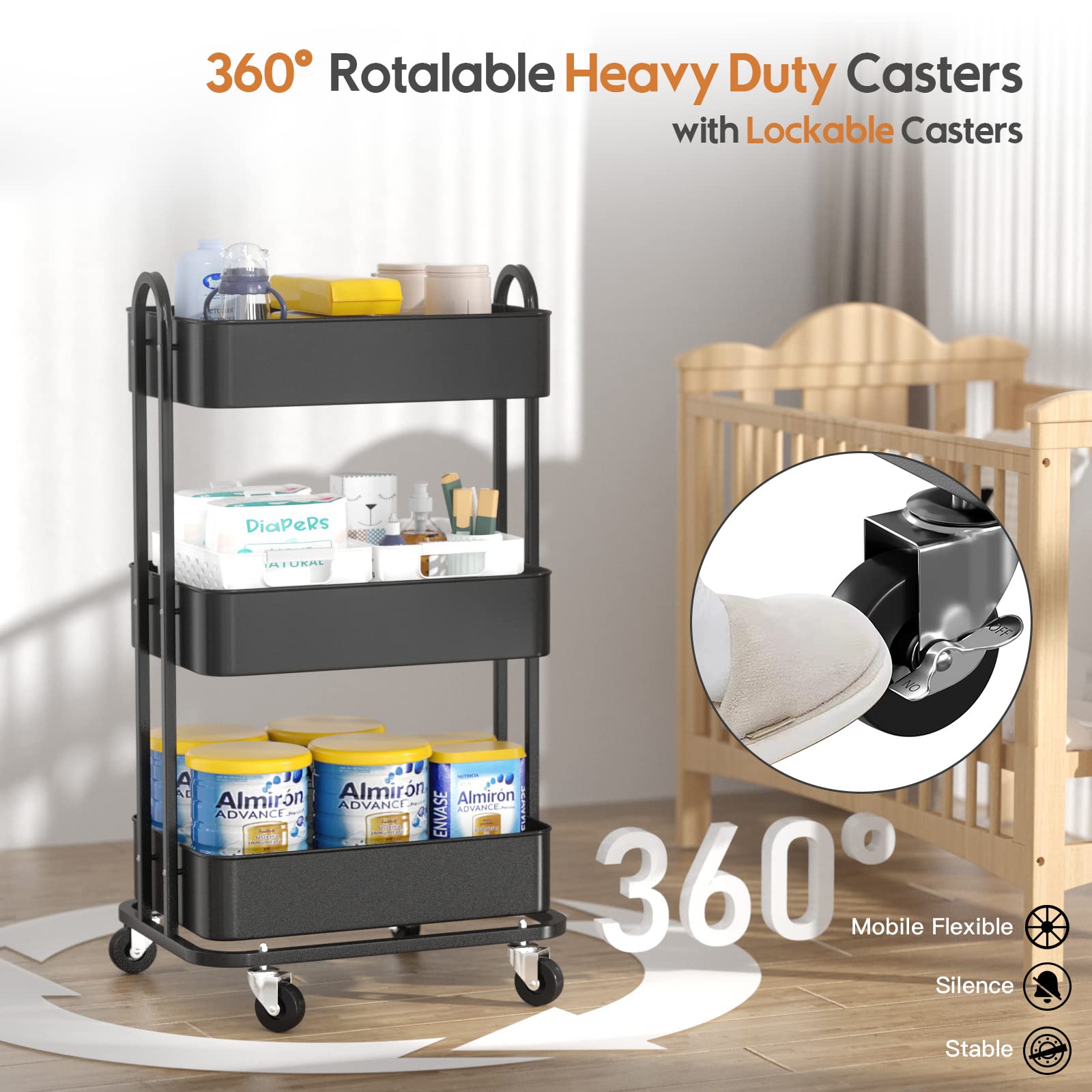 Ceayell 3-Tier Full Metal Utility Rolling Cart for Storage Organizer Cart for Office, Bathroom, Kitchen (Black)