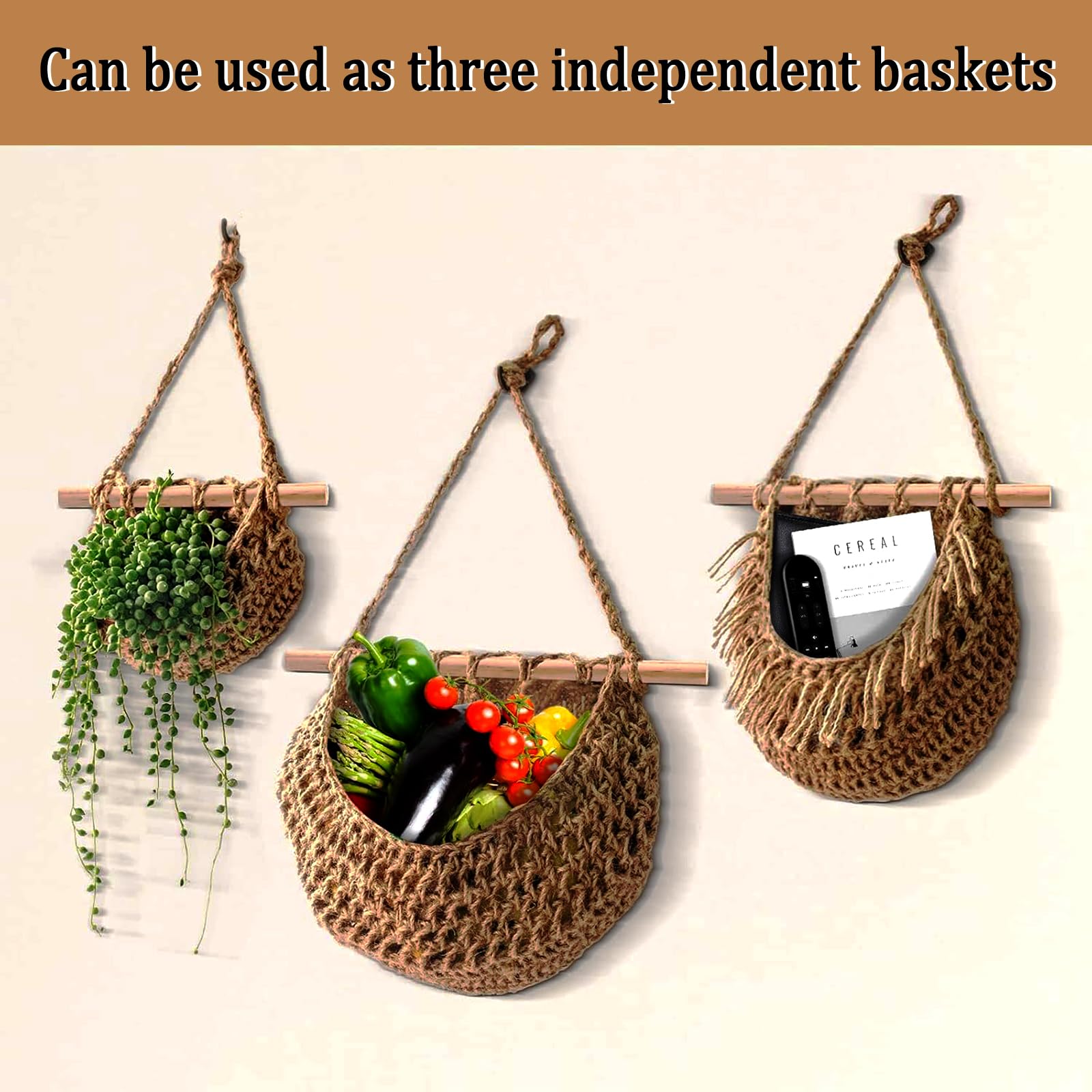 FEISHIONG 3 Tier Cotton Woven Boho Fruit & Veggie Hanging Basket,Wall Mounted Storage Planter for Kitchen,Bedroom & Over the Door Organizer,Eco-Friendly, Durable & Stylish Home Deco