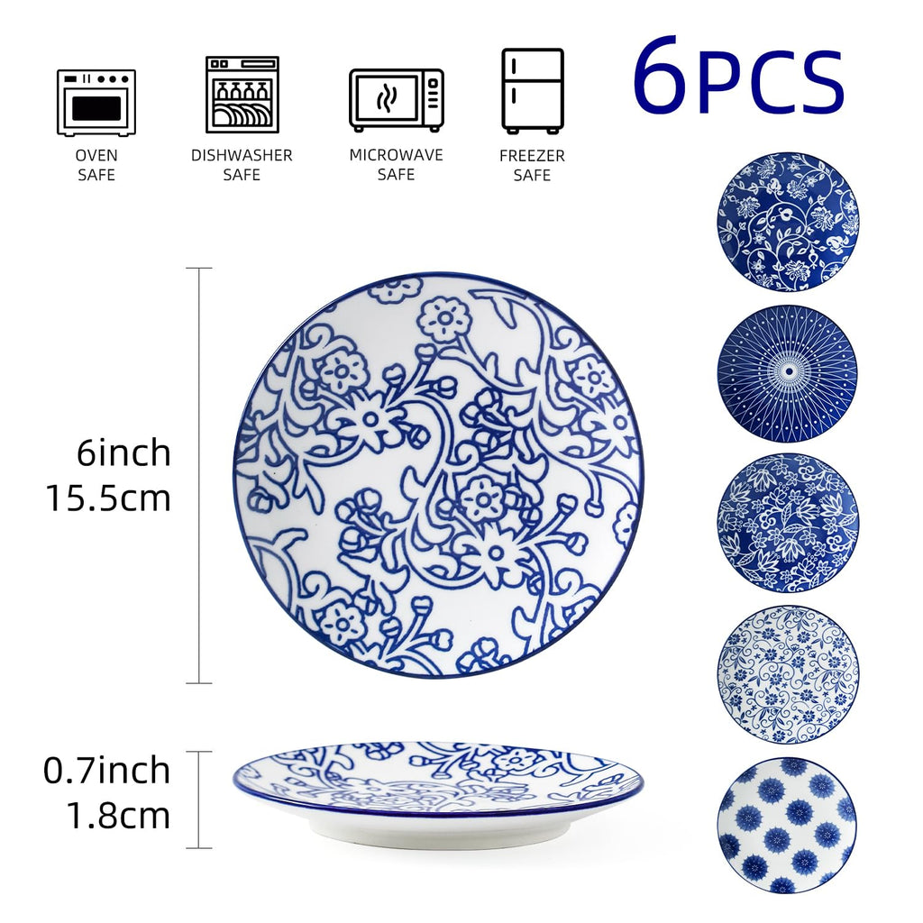 Cerkik Ceramic Dessert Plates Set - 6 Inch Mini Appetizer Plates for Kitchen - Small Salad Plate for Cake Snacks Side Dish, Microwave Dishwasher Safe, Gift, Vintage Blue