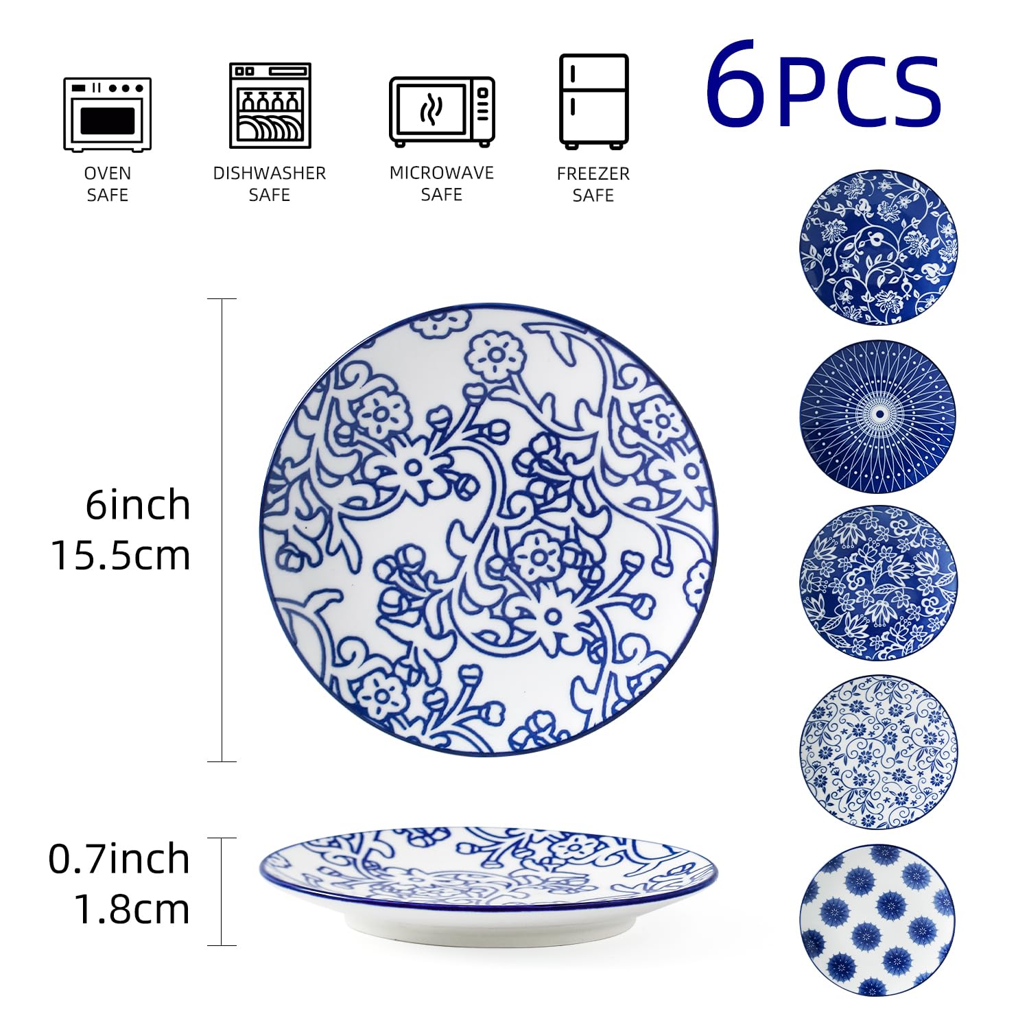 Cerkik Ceramic Dessert Plates Set - 6 Inch Mini Appetizer Plates for Kitchen - Small Salad Plate for Cake Snacks Side Dish, Microwave Dishwasher Safe, Gift, Vintage Blue