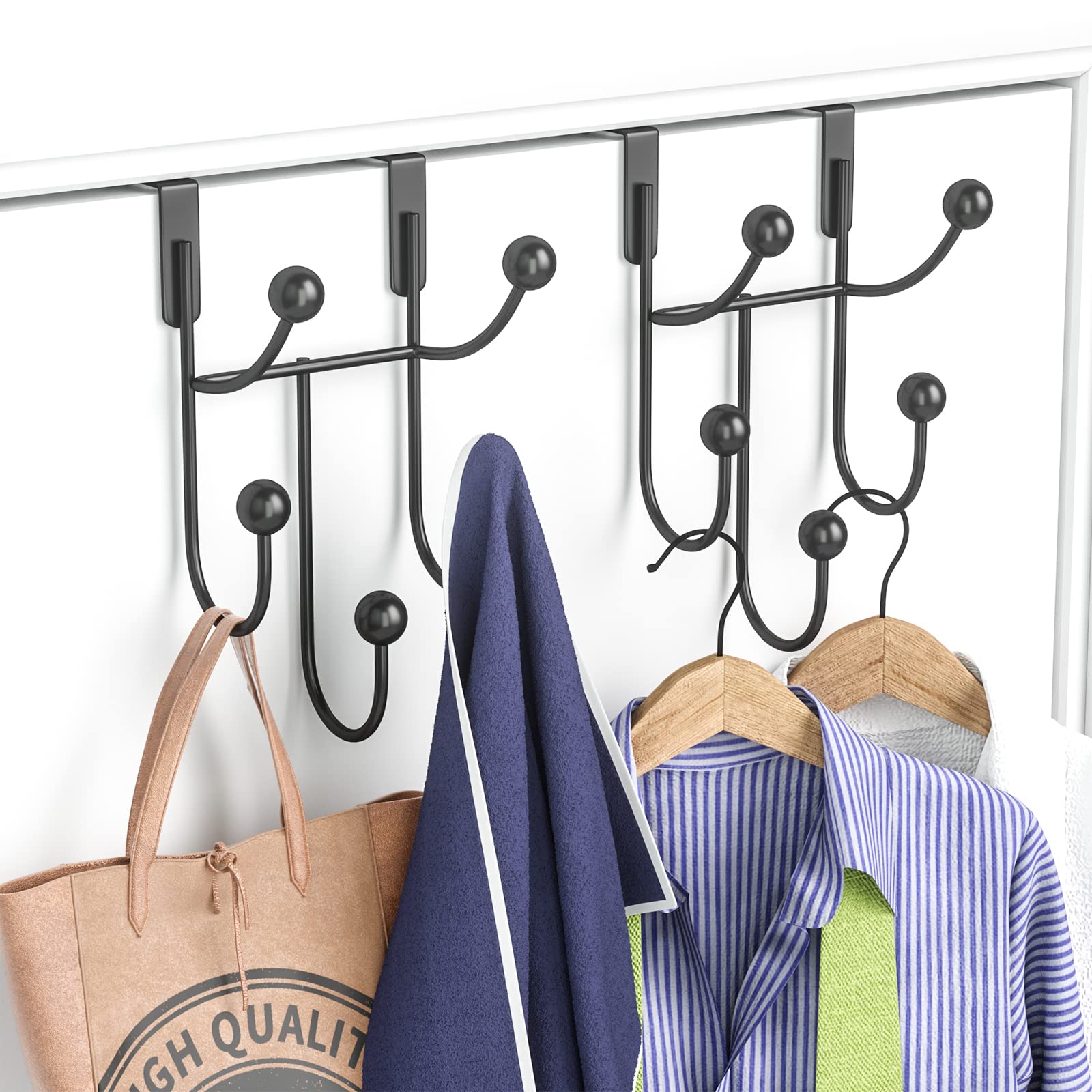 HapiRm Over Door Hooks with 5 Coat Hooks, Stainless Steel Bedroom Hanger 2 Pack with Scratch Proof Pad, Hook for Hanging Coats Towel Hat Bag, Back of Door Hook Black for Bath
