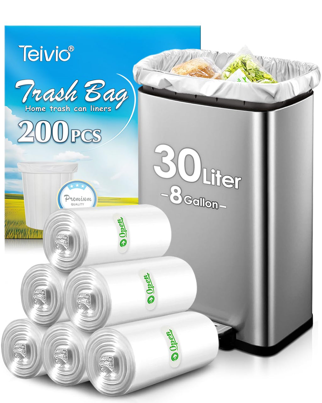 30 Liter 200 Counts Strong Unscented Medium Trash Bags,Fit 8 Gallon Garbage Bags by Teivio, 30L Thick Bathroom Can Bin Liners,Plastic Bags for Home Office Kitchen, Fit 7,8,9,10 Gal Wastebasket, Clear