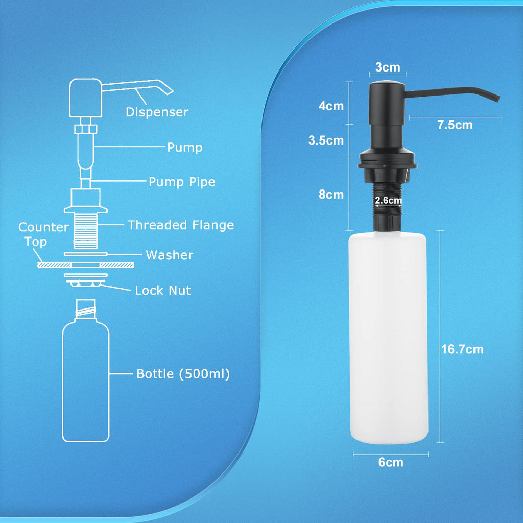 CREA Kitchen Soap Dispenser Black, Built in Sink Soap Dispenser Set with 17oz Liquid Lotion Soap Pump Bottle and Extension Tube Kit, Stainless Steel Countertop Soap Dispenser for Kitchen Sink……
