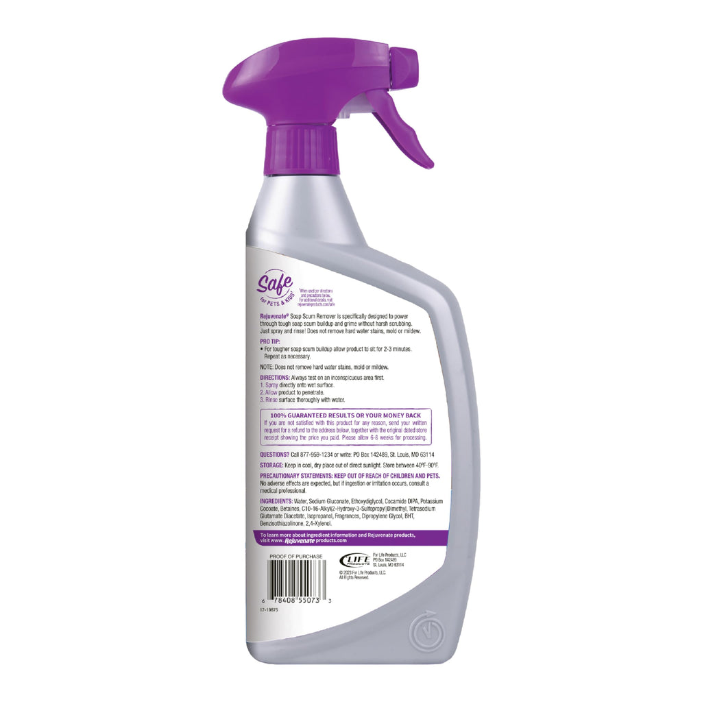 Rejuvenate Scrub Free Soap Scum Remover Non-Toxic Non-Abrasive Cleaning Formula - Spray and Rinse for Streak Free Finish on Glass, Ceramic Tile, Chrome, Plastic and More – 24 Ounce