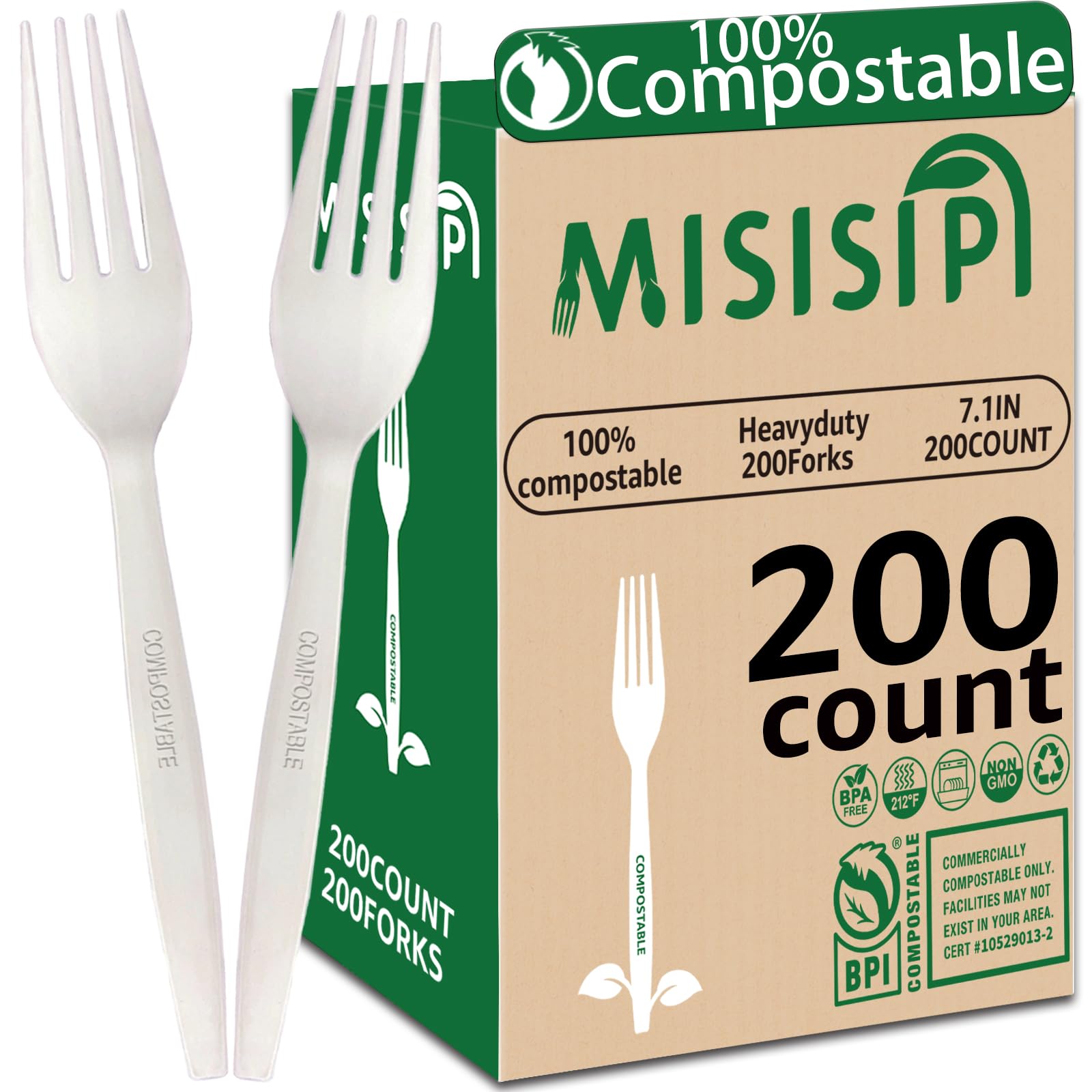 MISISIPI [7.1In 200Pcs] 100% Compostable Forks Biodegradable Forks HeavyDuty No Plastic Forks Eco-Friendly Heavyweight Disposable Forks Tableware Set for Lounge,Party,BBQ,Cafeteria,Wedding,Picnic