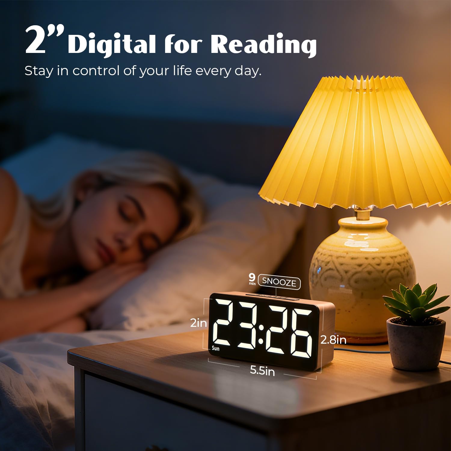 GOLOZA Alarm Clocks for Bedrooms, Wood Grain, Digital Clock with Large Display, Desk Clock for Bedside, Power-Off Memory & Alarm, 5 Level Brightness +Off, Dual Alarm, 12/24H, 9min Snooze, Reveil Matin