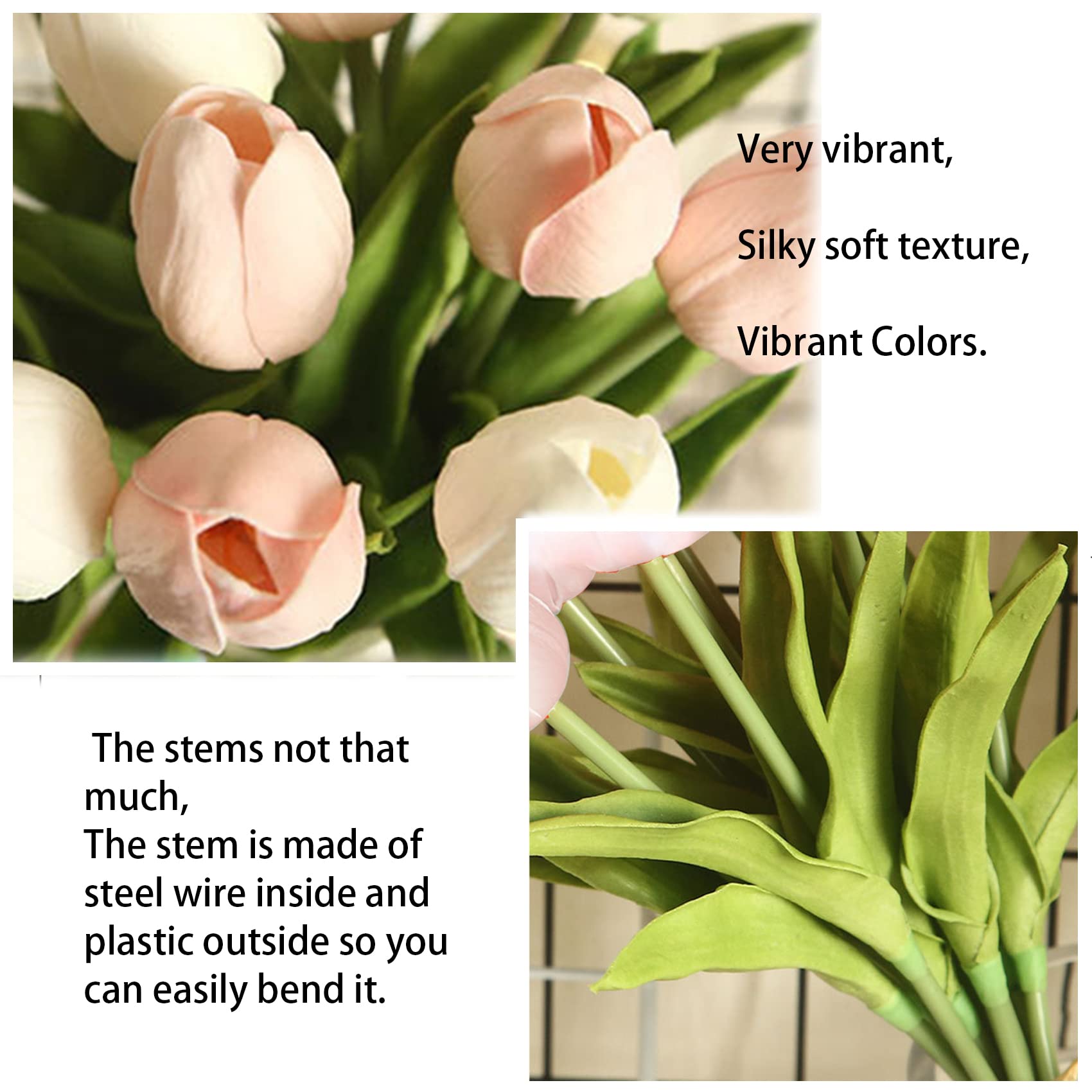 hanlongyu Tulips Artificial Flowers for Table Decor, Fake Artificial Bouquets, Realistic Tulips Flowers Decor for Wedding Party Office Kitchen Home Decor, 10 White & 10 Light Pink