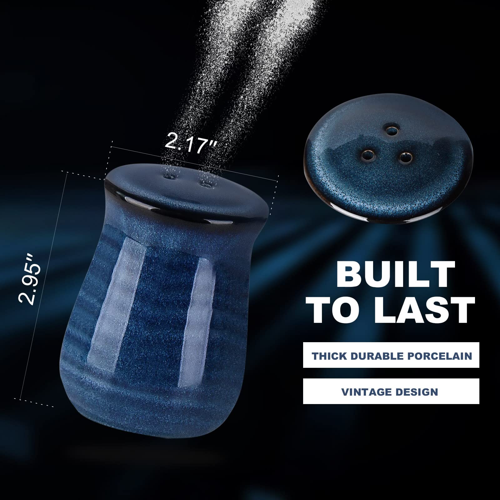 Hasense Ceramic Salt and Pepper Shakers,Navy Farmhouse Salt Shaker Set of 2, Vintage Spice Shaker for Compact Cooking,Travel,BBQ, Kitchen and Resturant Decor