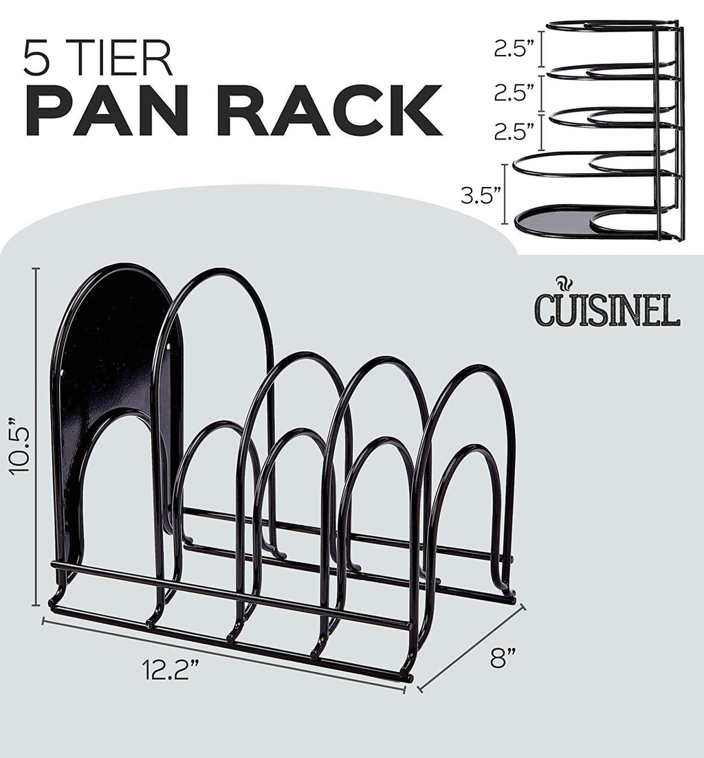 Heavy Duty Pan Organizer, 5 Tier Rack - Holds up to 50 LB - For Cast Iron Skillets, Griddles, Pots - Durable Steel Construction - Space Saving Kitchen Storage - No Assembly Required - Black 12.2-Inch