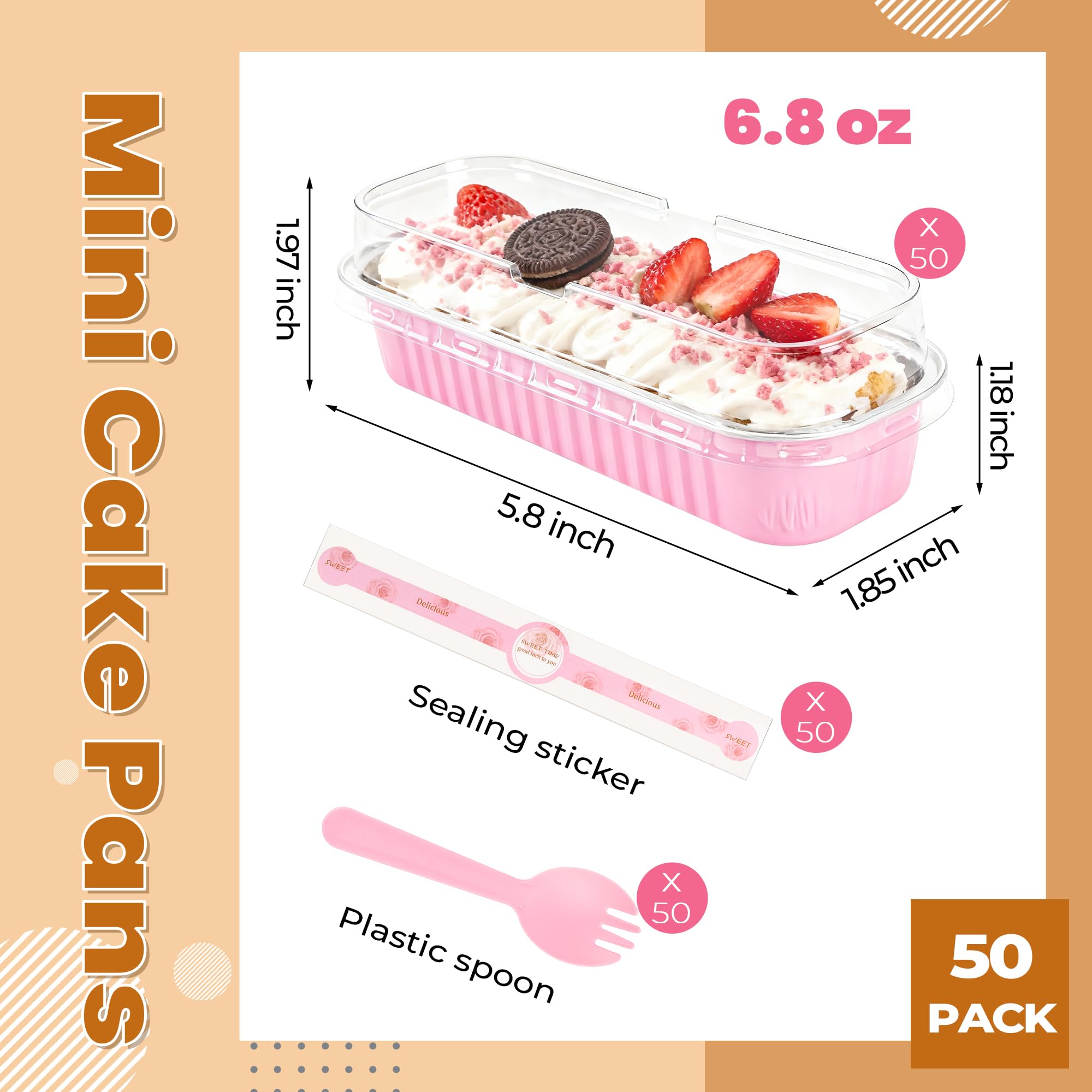 LOKQING 50 Pack Mini Loaf Pans with Lids Rectangle Individual Cake Pans Aluminum Foil Pans for Large Gatherings Picnics Vacations Parties (Pink, 6.8 OZ)