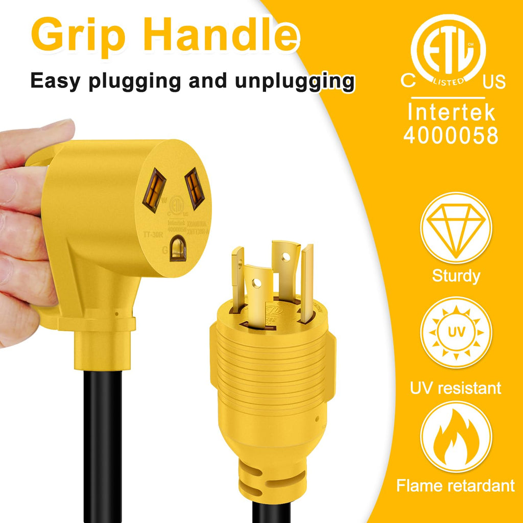 LudoPam 4 Prong 30 Amp RV Generator Adapter Cord with Grip Handle, NEMA L14-30P Twist Lock Male Plug to TT-30R Female Up to 7500W SJTW 10/3 Generator Cord for Generator to RV Trailer Camper,12 Inch
