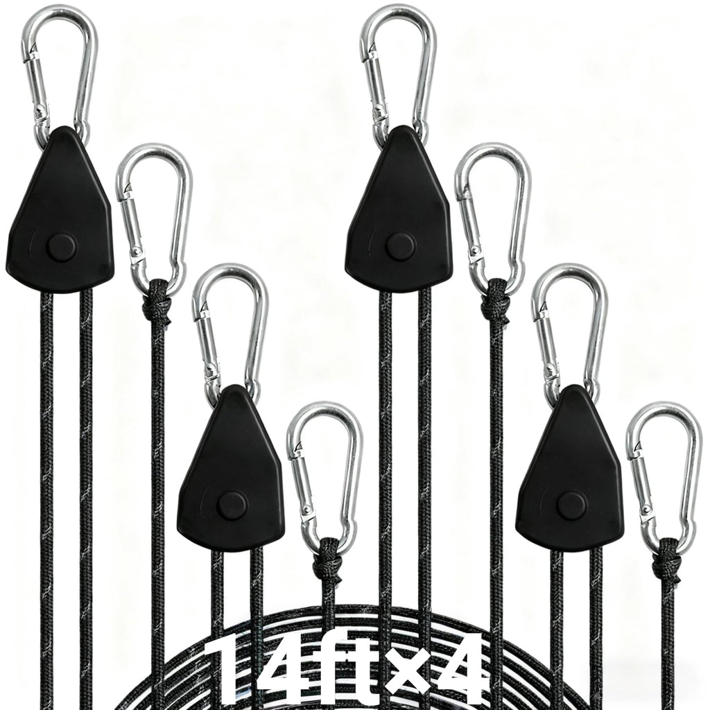 Longer 14ft Adjustable Outdoor Windproof Rope Ratchet Strap Tie Down Straps Small Mini Reflctive Paracord Rope Tent Hanger Grow Light Kayak 5/32" (Black, 4-Pack)