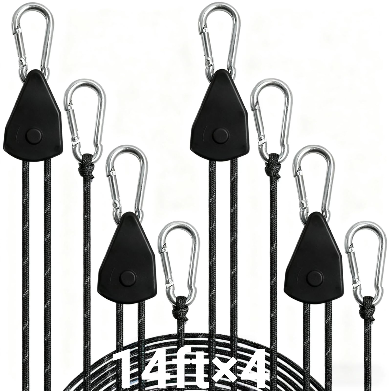 Longer 14ft Adjustable Outdoor Windproof Rope Ratchet Strap Tie Down Straps Small Mini Reflctive Paracord Rope Tent Hanger Grow Light Kayak 5/32" (Black, 4-Pack)