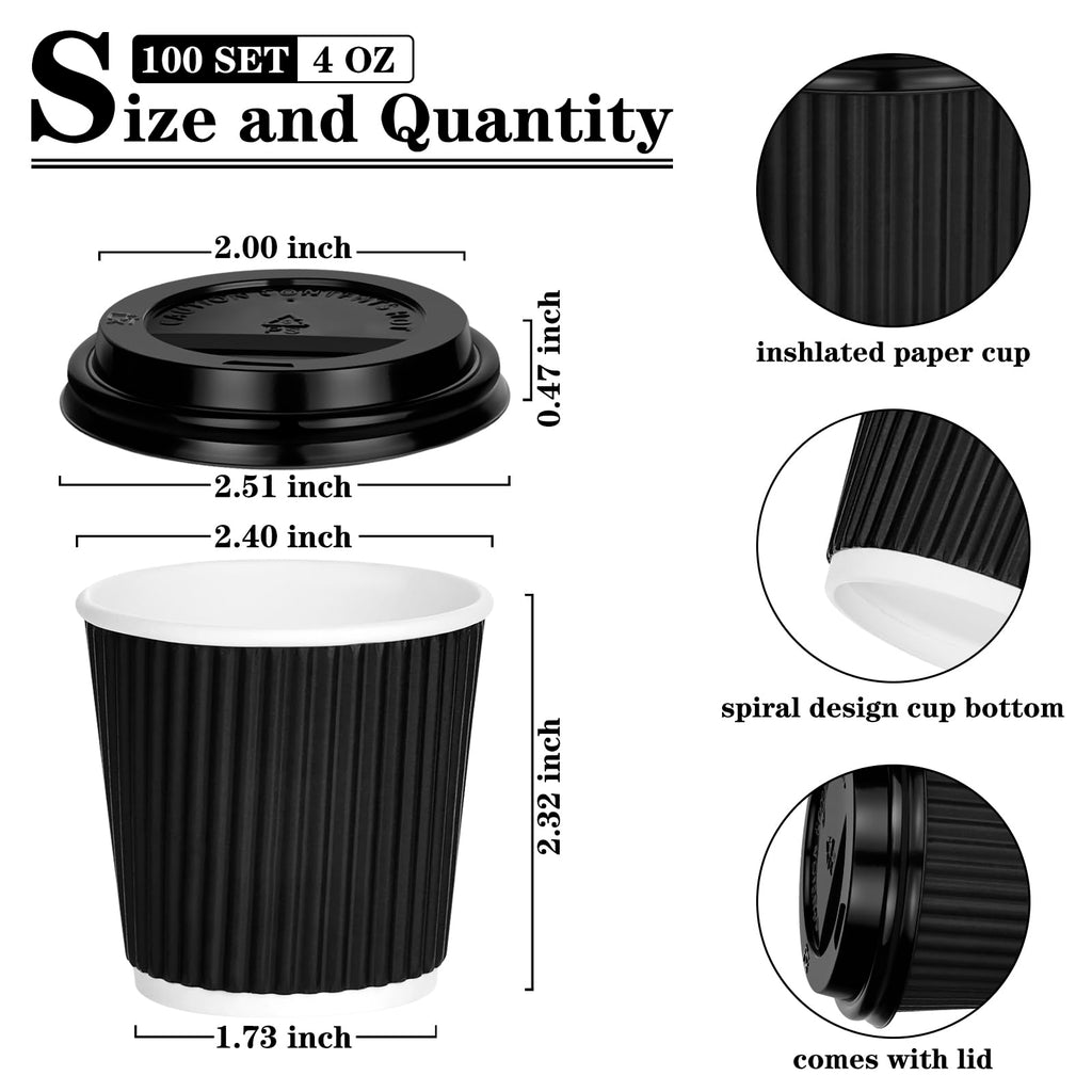 100 4oz Disposable Espresso Cups with Lids Ripple Corrugated Paper Disposable Coffee Cups Cups for Hot Chocolate, Tea, and Cocoa Drinks (Black)