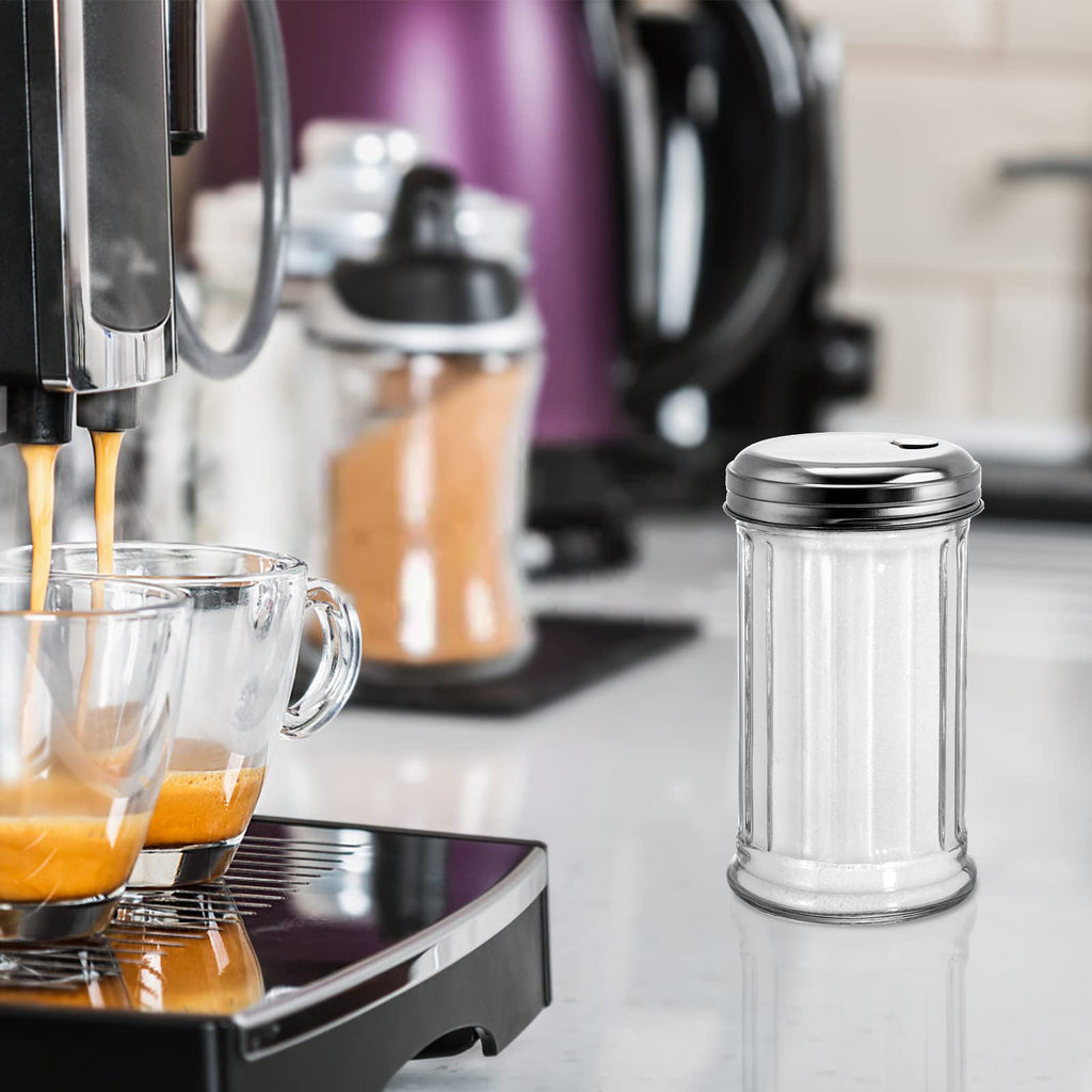 Tebery 2 Pack 12OZ Glass Sugar Dispenser/Pourer/Shaker with Stainless Steel Pour-Flap Lid, Retro Style