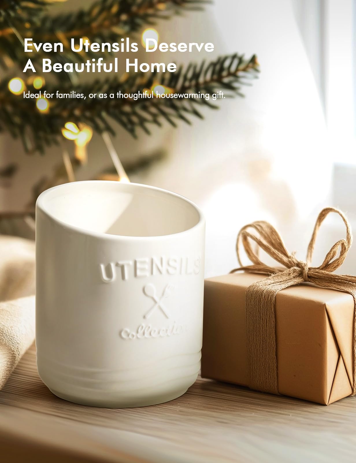 Utensil Holder for Counter,7.5" Large Kitchen Cooking Ceramic Utensil Holder for Farmhouse Décor,15° bevel design,Non-Slip Cork Base,White