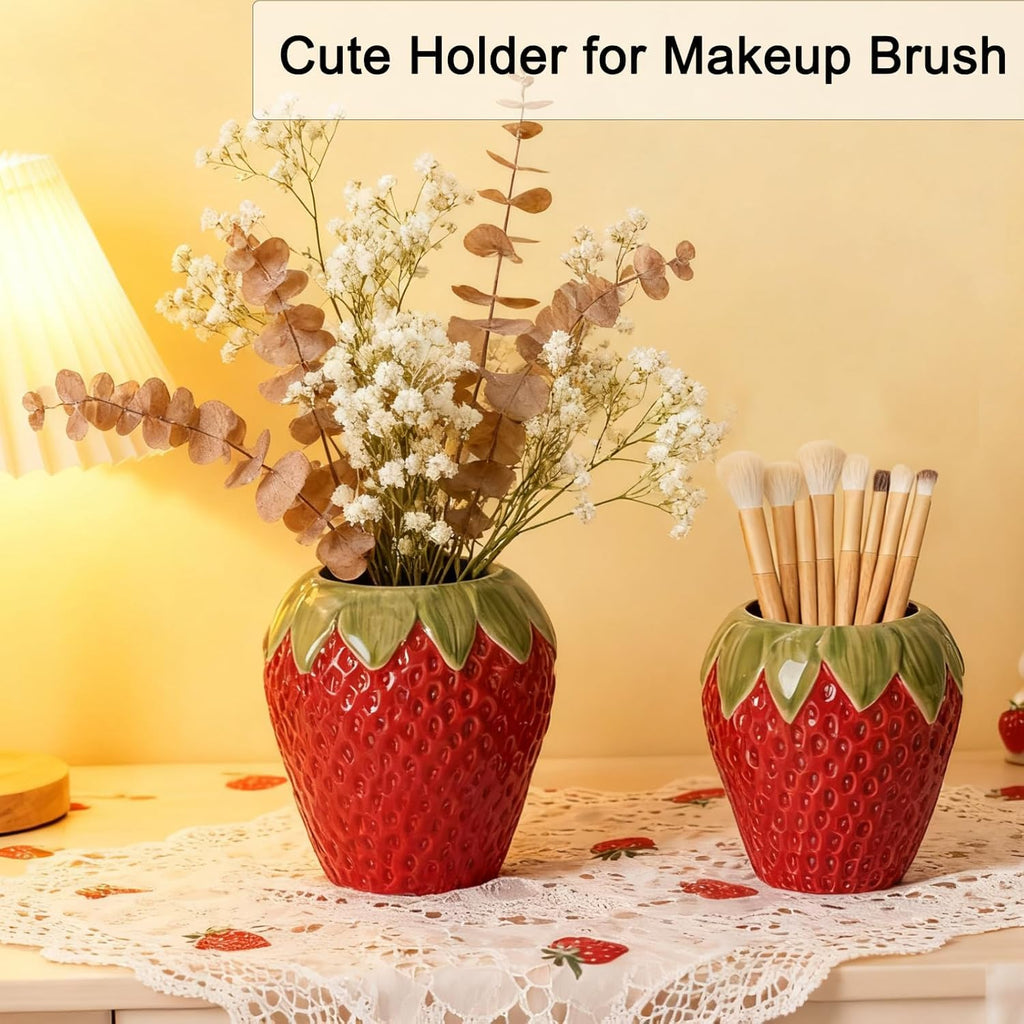Ceramic Pen Holder, Cute Pen Holder for Desk, Pen Stand Makeup Brush Holder for School, Home, Office(Strawberry)