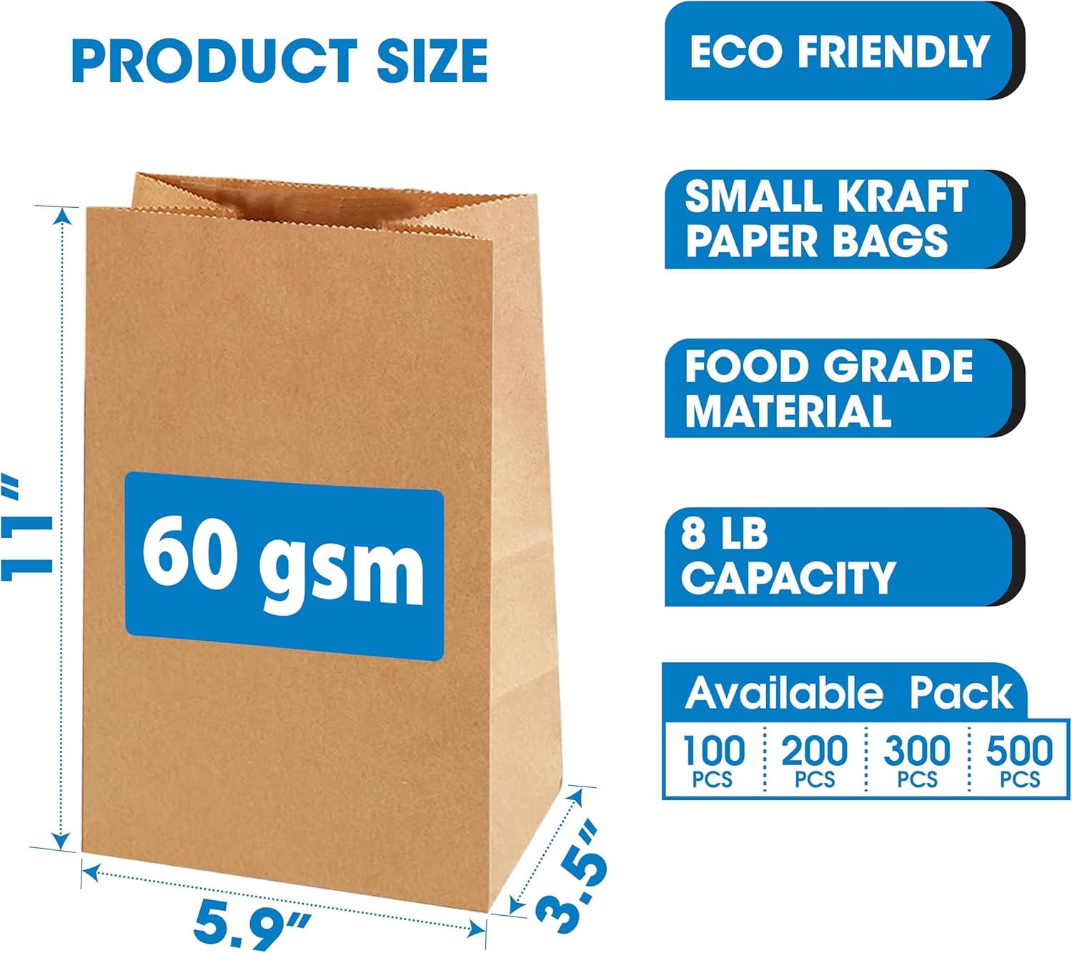 Excellent 100 Pack Brown Paper Bags for Food - 5.9 x 3.5 x 11 inches 8Lb Capacity Paper Grocery Bags for Breads, Snacks, Cookies - Kraft Paper Bags for Small Businesses