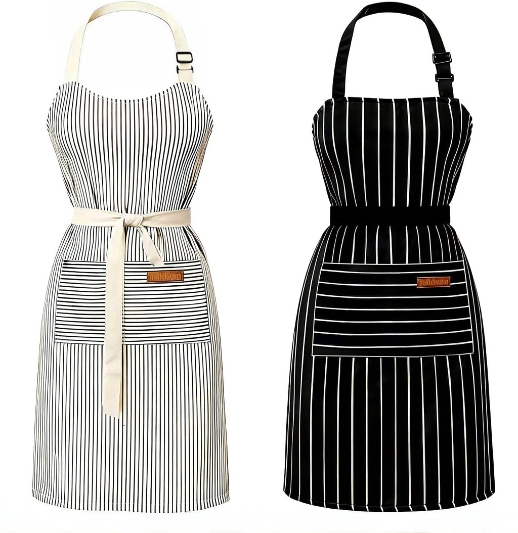 Taidven 2 Pack Apron - Unisex, Adjustable Bib Kitchen Apron, Cooking Apron, Aprons for Women with Pockets, Chef Aprons for Men, Black and Brown Striped, Standard