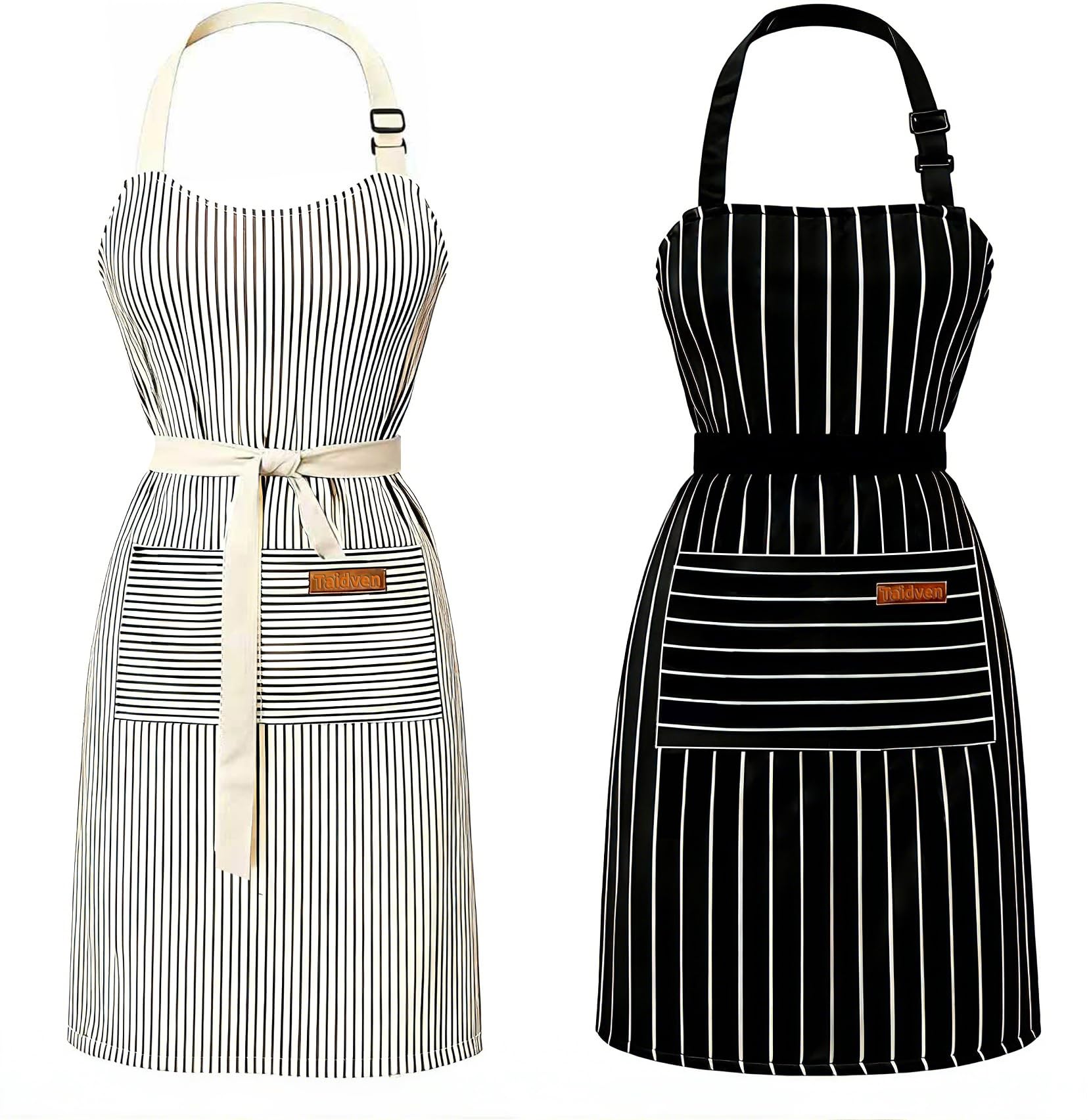 Taidven 2 Pack Apron - Unisex, Adjustable Bib Kitchen Apron, Cooking Apron, Aprons for Women with Pockets, Chef Aprons for Men, Black and Brown Striped, Standard