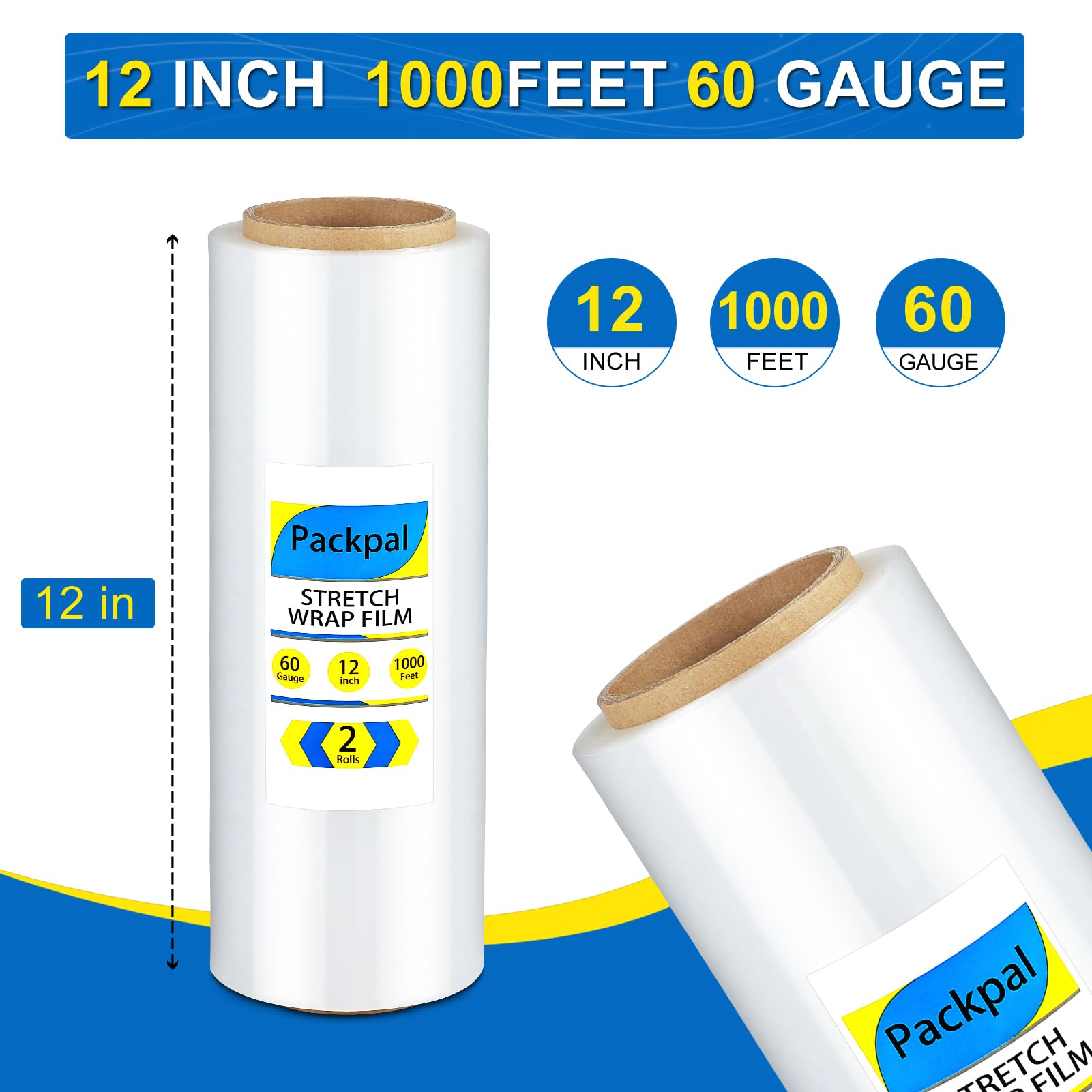 Packpal 2 Rolls Shrink Wrap 12"x 1000ft Each Roll, Clear Plastic Wrap for Moving Furniture, Suitcases, Pallet. Stretch Wrap for Moving