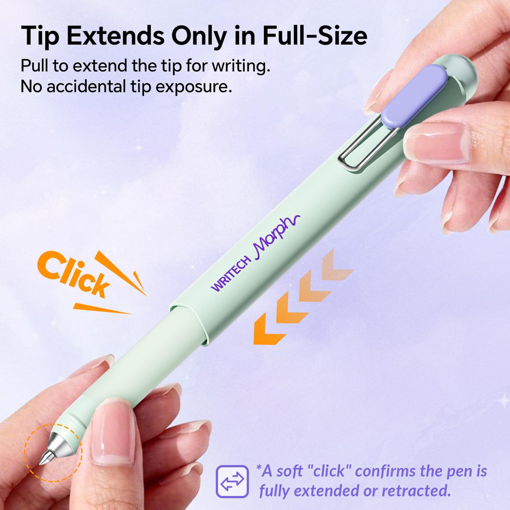 WRITECH Gel Pen Fine Point: 0.7mm Black Ink Mini to Full Size Soft Grip Portable Extendable Pocket Pen Set with 2 Pens and 2 Refills