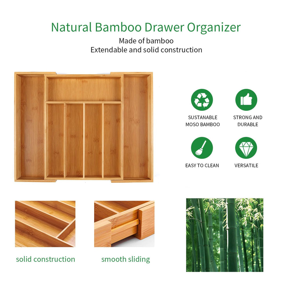 SafeHouseware Bamboo Expandable Cutlery Organizer Tray: Holds Silverware, Flatware, Utensils, Cutlery, Accessories or Gadgets Size:11.5" - 18" W X 15"d X 2" H