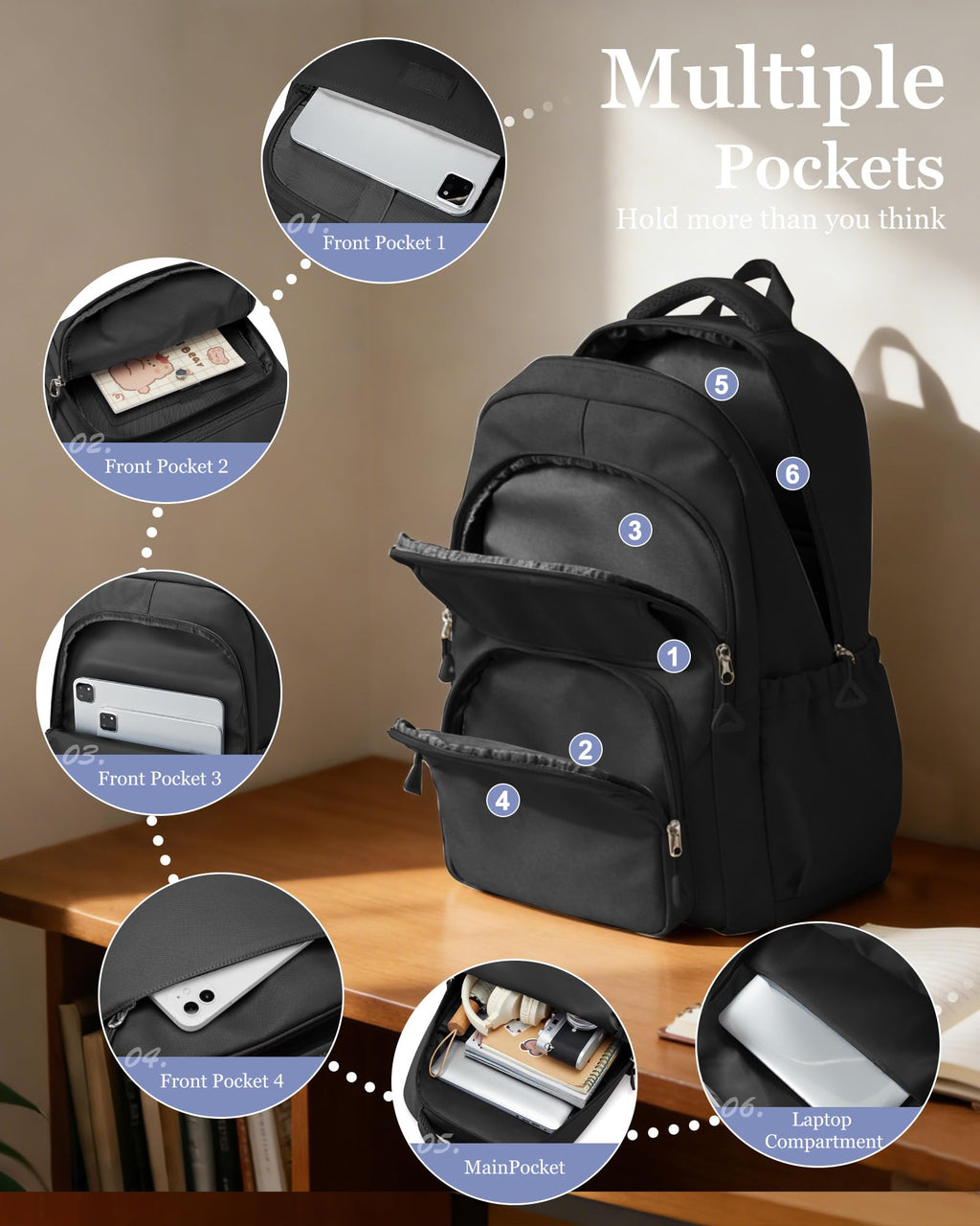 Black Backpack For Women Men,School Backpack For Teens Boys Girls,College Waterproof Laptop Backpack