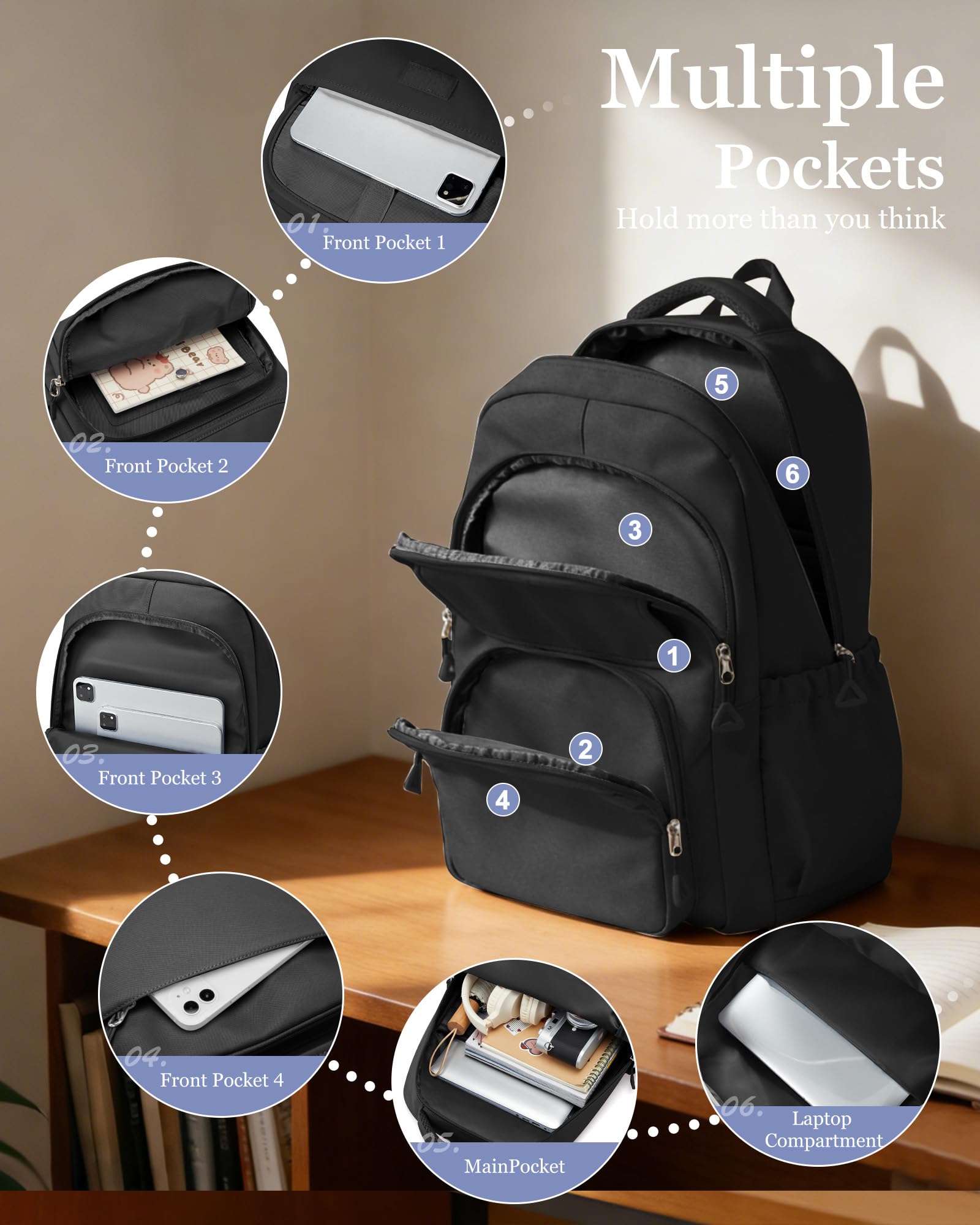 Black Backpack For Women Men,School Backpack For Teens Boys Girls,College Waterproof Laptop Backpack