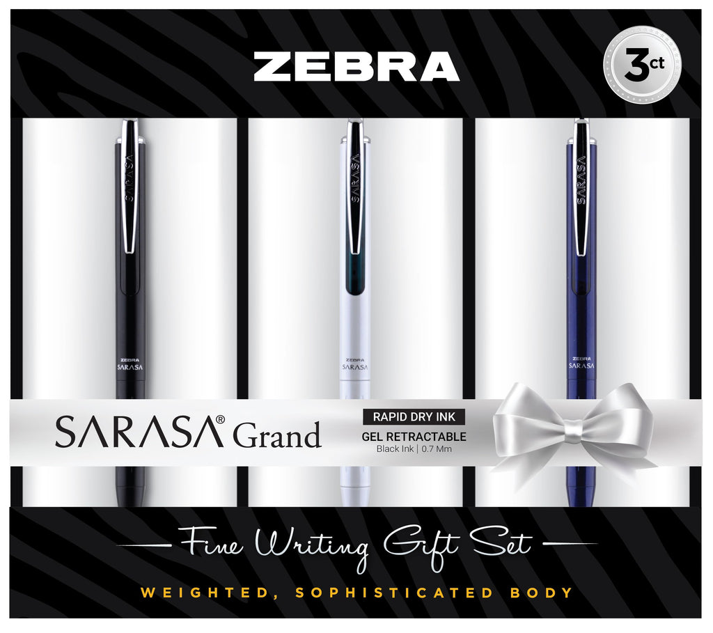 Zebra Pen SARASA Grand Retractable Gel Pen Gift Set, White/Black/Navy Brass Barrel, .7mm Medium Point, Rapid Dry Black Ink, Ideal for the Left Handed, Elimates Smudging and Smearing in Seconds (45373)