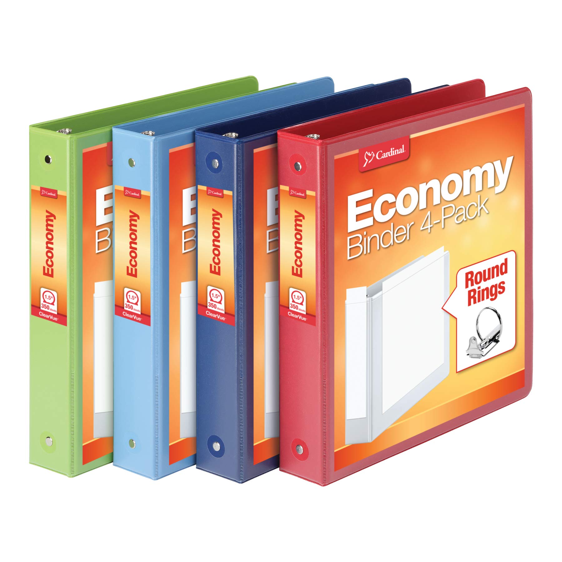 Cardinal Binders, 1.5 Inch Round Ring, 4 Pack, ClearVue Presentation View, Holds 350 Sheets, Non-Stick, XtraLife Hinge, Assorted Colors, for School, Office, and Home Organization