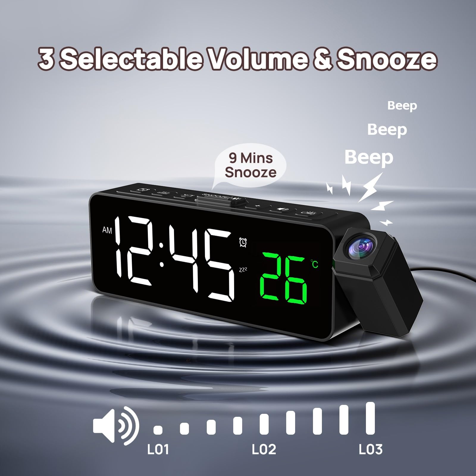 Netzu Projection Alarm Clock for Bedroom Ceiling, Compact Plug-in Digital Clocks with 180° Rotatable Projector, Temperature, 4 Levels Birghtness, 3 Volumes and Snooze (Black)