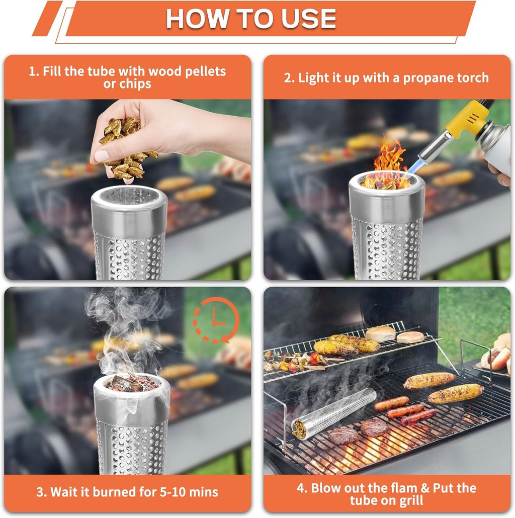Smoke Tube for Pellet Smoker, 12'' Stainless Steel Pellet Smoker Tube for Cold/Hot Smoking, 5 Hours of Billowing Smoke, Fits All Grill or Smoker, Improved Hexagon Design