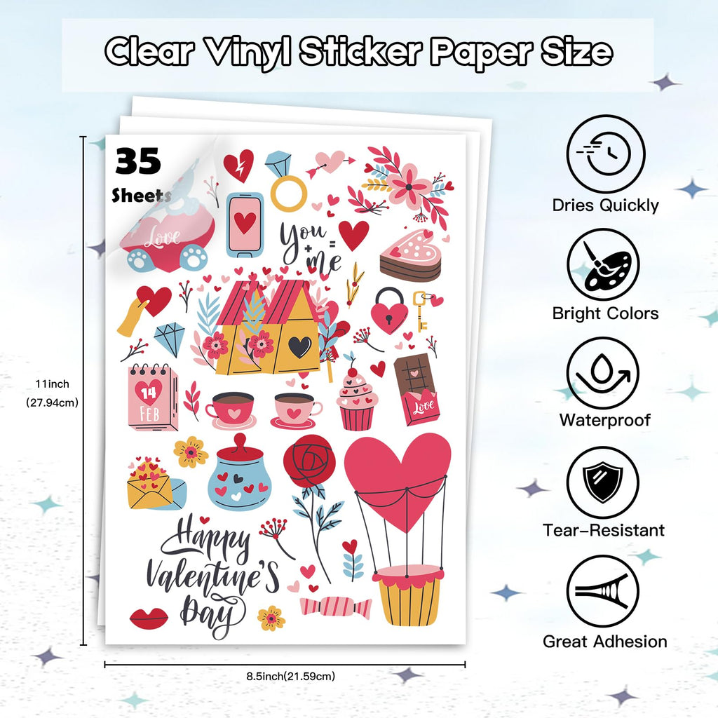 Ruibytree Printable Clear Vinyl Sticker Paper for Inkjet Printers, 35 Sheets Transparent Paper of 8.5x11 DIY Personalized Self-Adhesive Paper that is Tear Resistant, Waterproof Labels, Easy to Cut