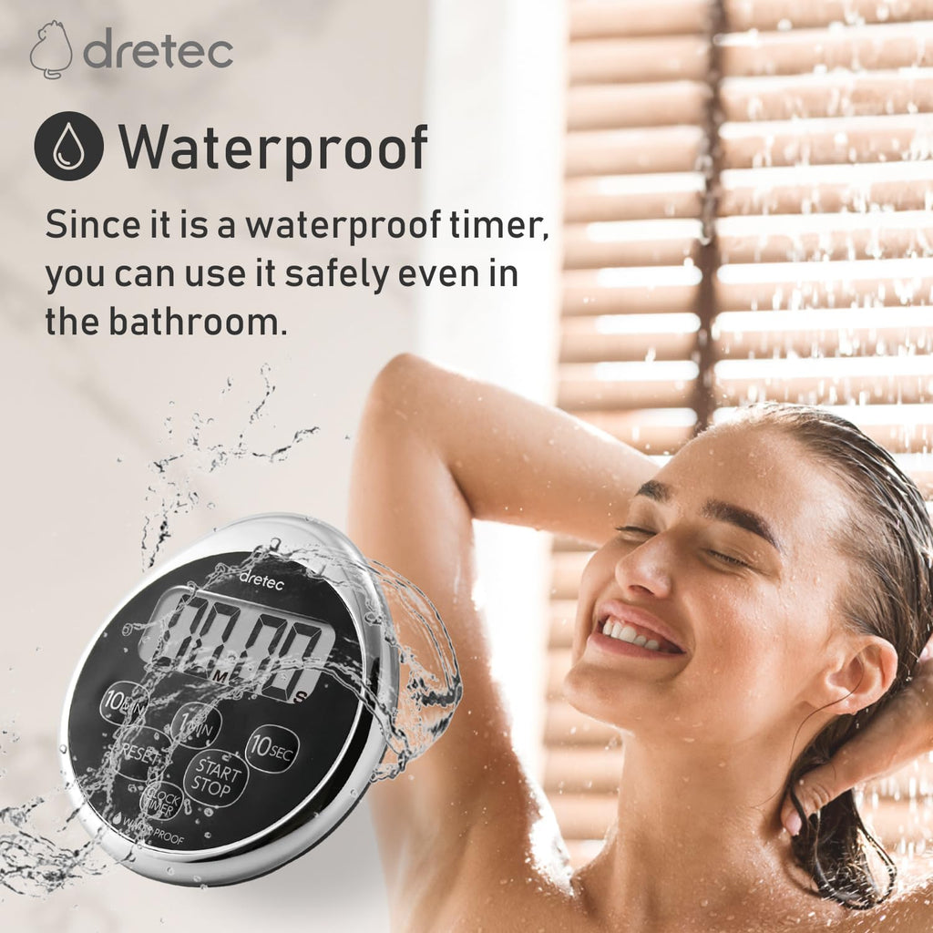 dretec Digital Kitchen Timer, Water Proof Timer, Shower Timer, Magnetic Backing, Silver, Black, Officially Tested in Japan (1 Starter Lithium Battery Included)