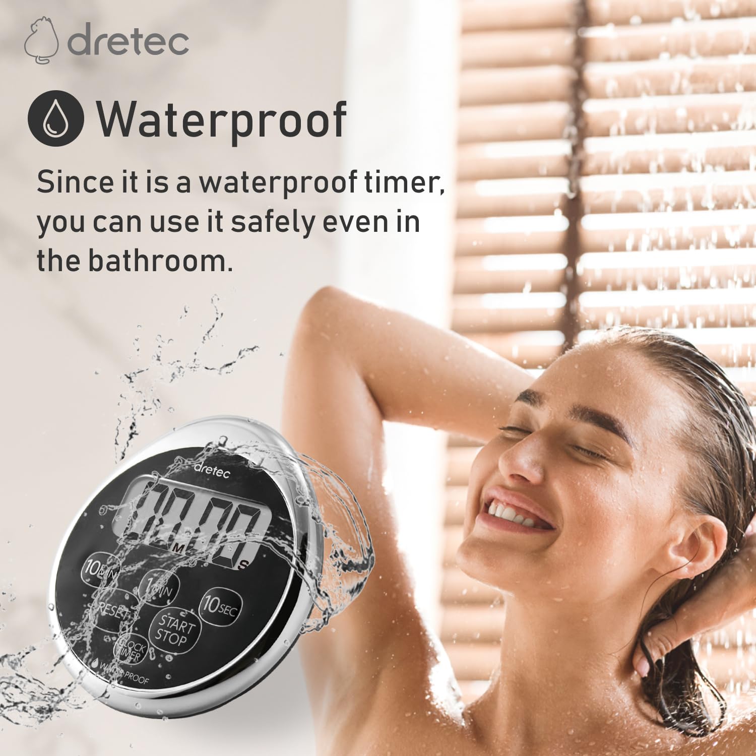 dretec Digital Kitchen Timer, Water Proof Timer, Shower Timer, Magnetic Backing, Silver, Black, Officially Tested in Japan (1 Starter Lithium Battery Included)