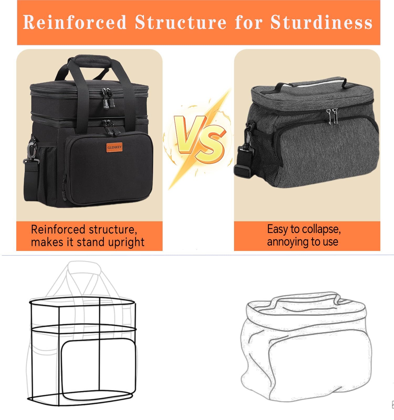 Expandable Large Lunch Bag, Double Deck Insulated Lunch Box Leakproof Durable Soft Cooler Bag for Men Women Adults Work Construction Beach Picnic Daytrip,16L,Black, GLENKEY