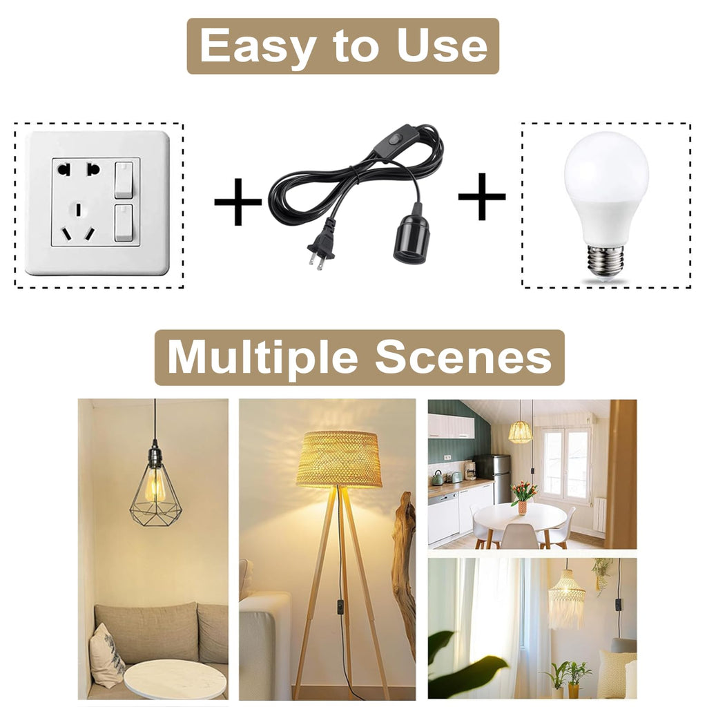 2 Pack Hanging Extention Light Cord (E26/E27 Light Socket with Cord) with On/Off Switch Button, Pendant Lamp Cord for Kitchen, Bedroom, Plant Growth Light