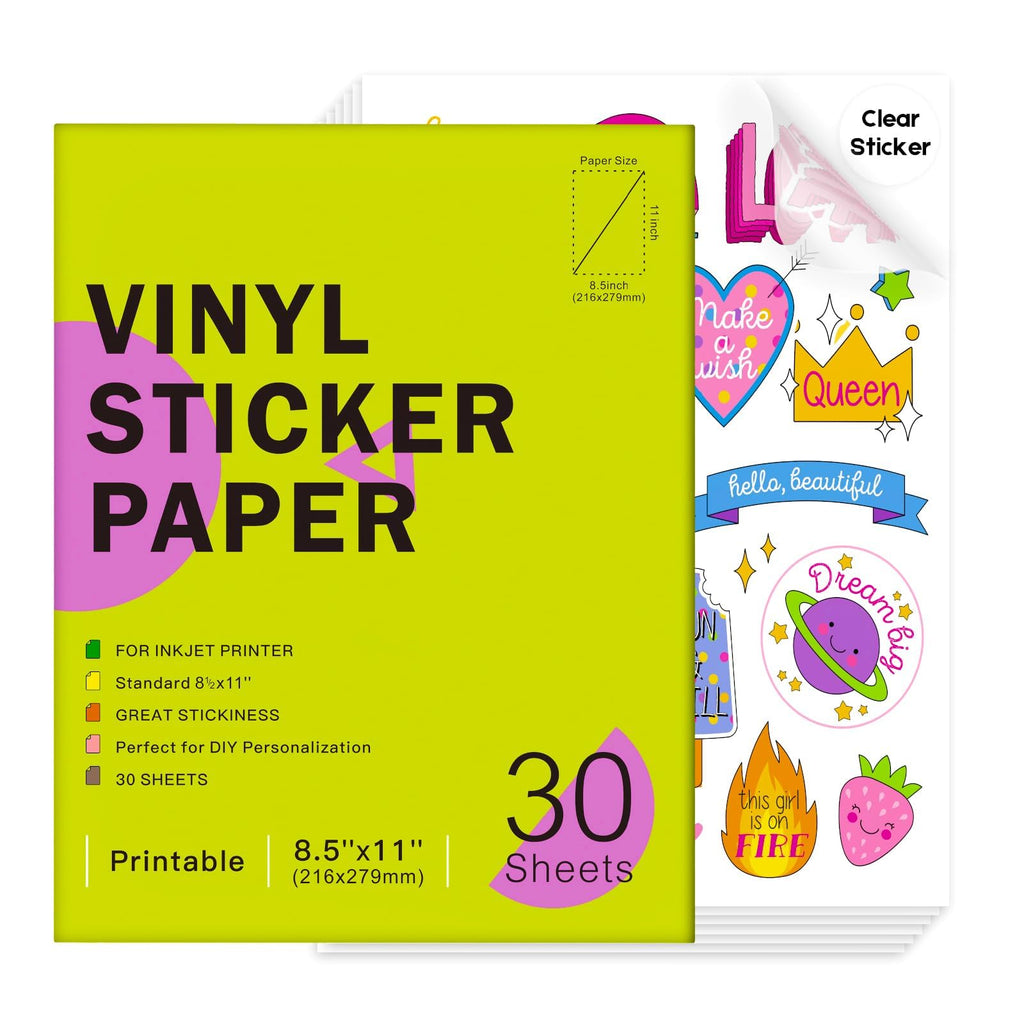 Ruibytree Printable Clear Vinyl Sticker Paper for Inkjet Printers, 30 Sheets Transparent Paper of 8.5x11 DIY Personalized Self-Adhesive Paper that is Tear Resistant, Waterproof Labels, Easy to Cut