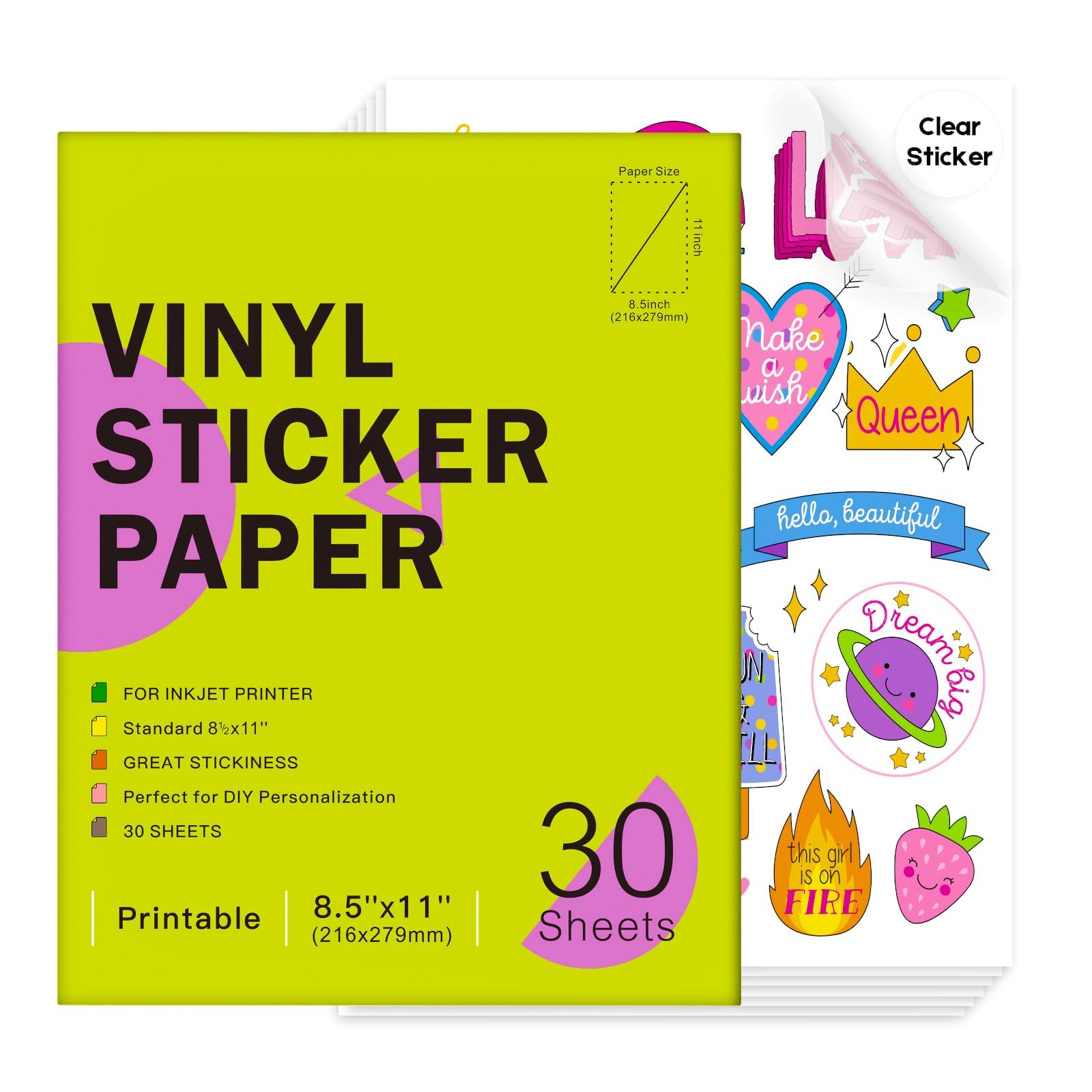 Ruibytree Printable Clear Vinyl Sticker Paper for Inkjet Printers, 30 Sheets Transparent Paper of 8.5x11 DIY Personalized Self-Adhesive Paper that is Tear Resistant, Waterproof Labels, Easy to Cut