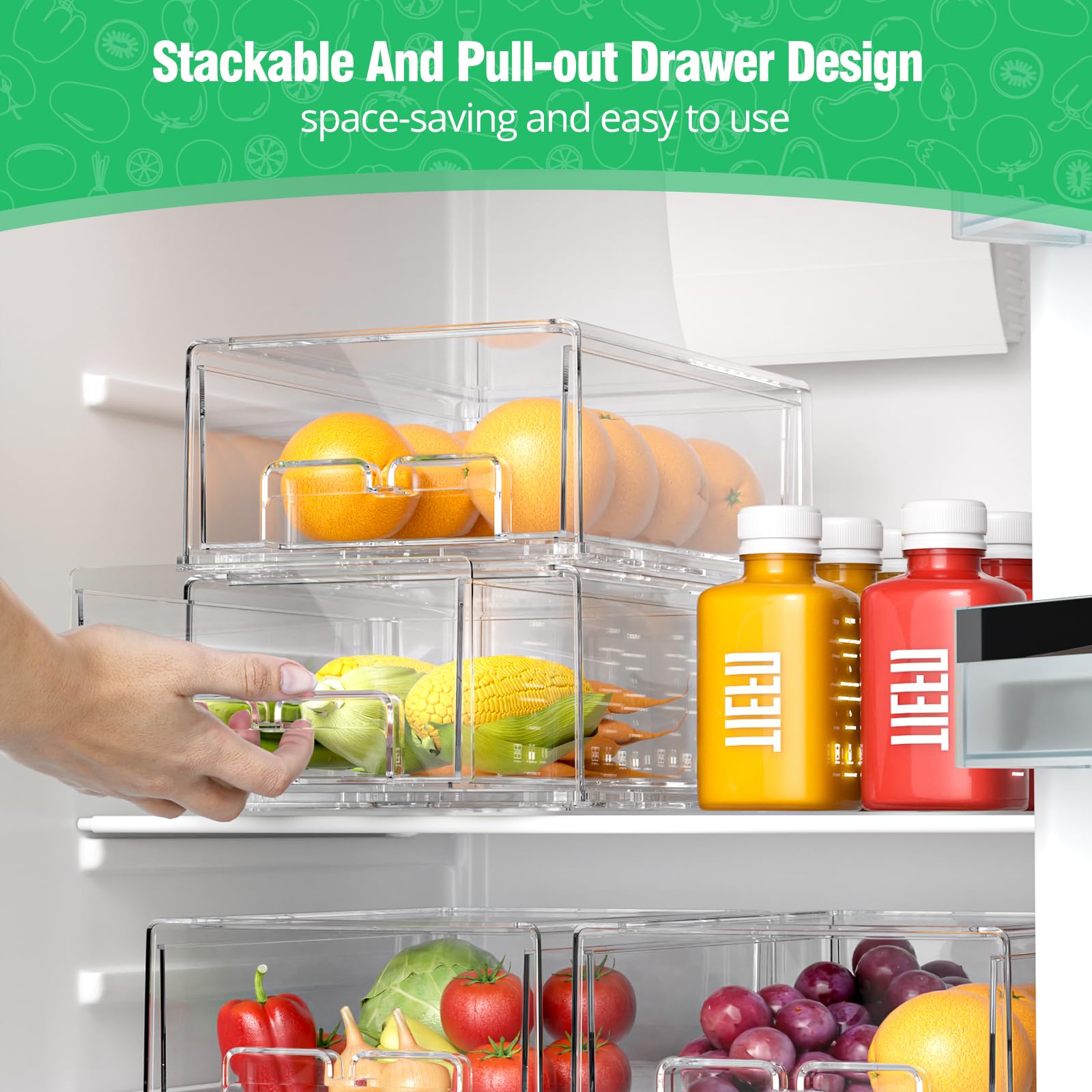 damynuo 2 Pack Refrigerator Drawers - Fridge Organizer Bins Stackable Storage Drawers, Clear Refrigerator Organizing Containers Pull Out Drawer for Fruit, Vegetable Storage and Keep Fresh